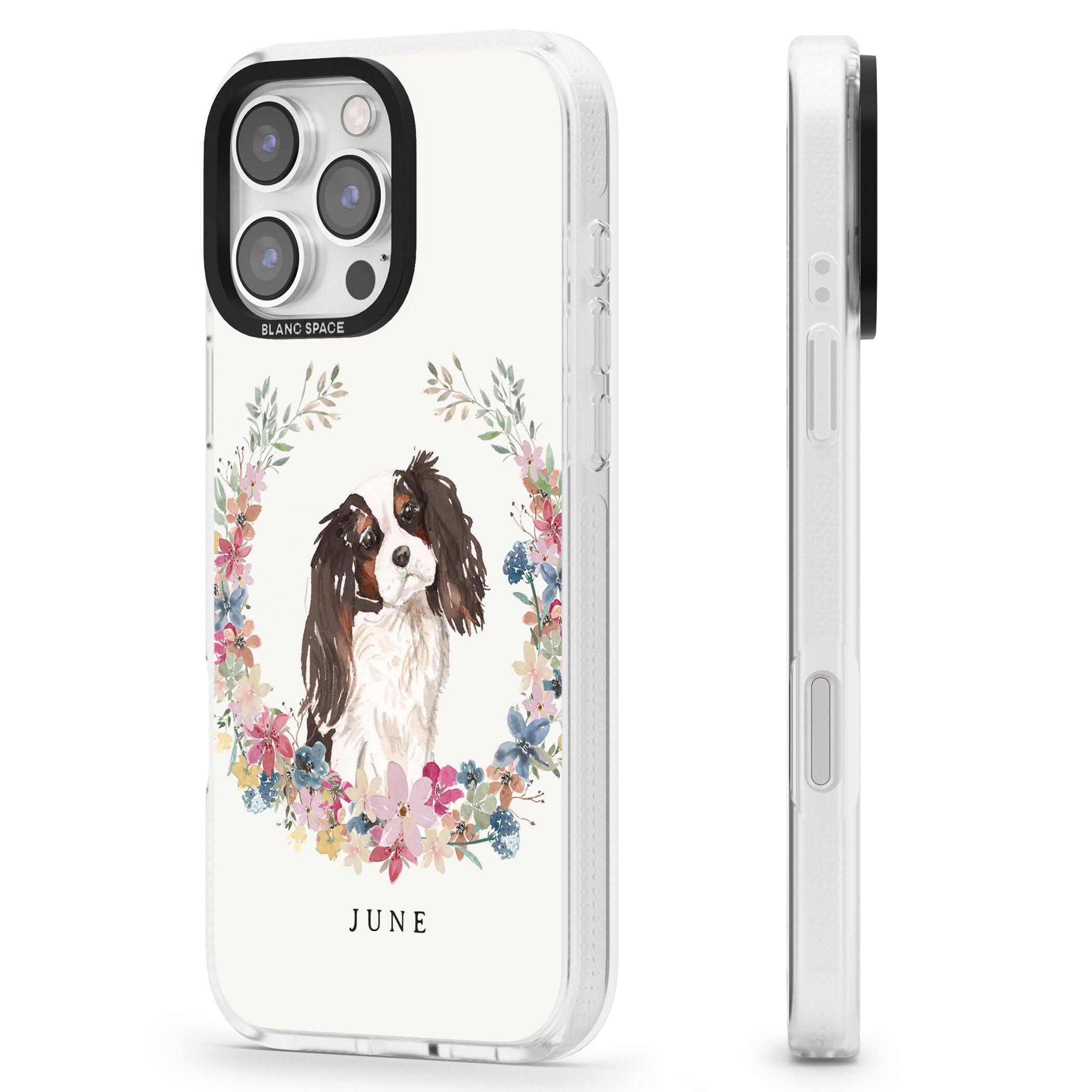 Personalised Tri Coloured King Charles Watercolour Dog Portrait iPhone 16 Pro Max / 16 Pro Clear Case Impact Air - Blanc Space