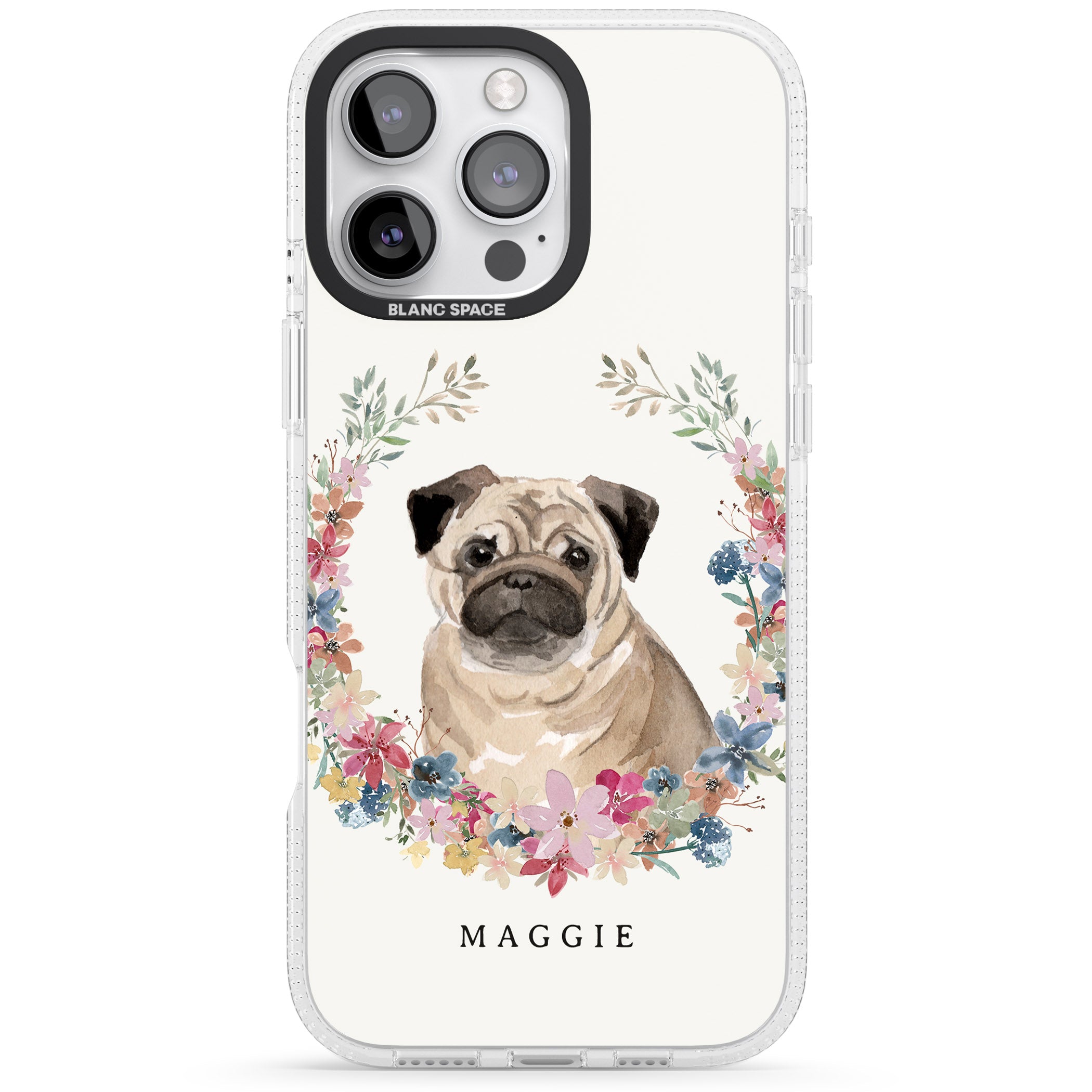 Personalised Pug - Watercolour Dog Portrait iPhone 16 Pro Max / 16 Pro Clear Case Impact Air - Blanc Space