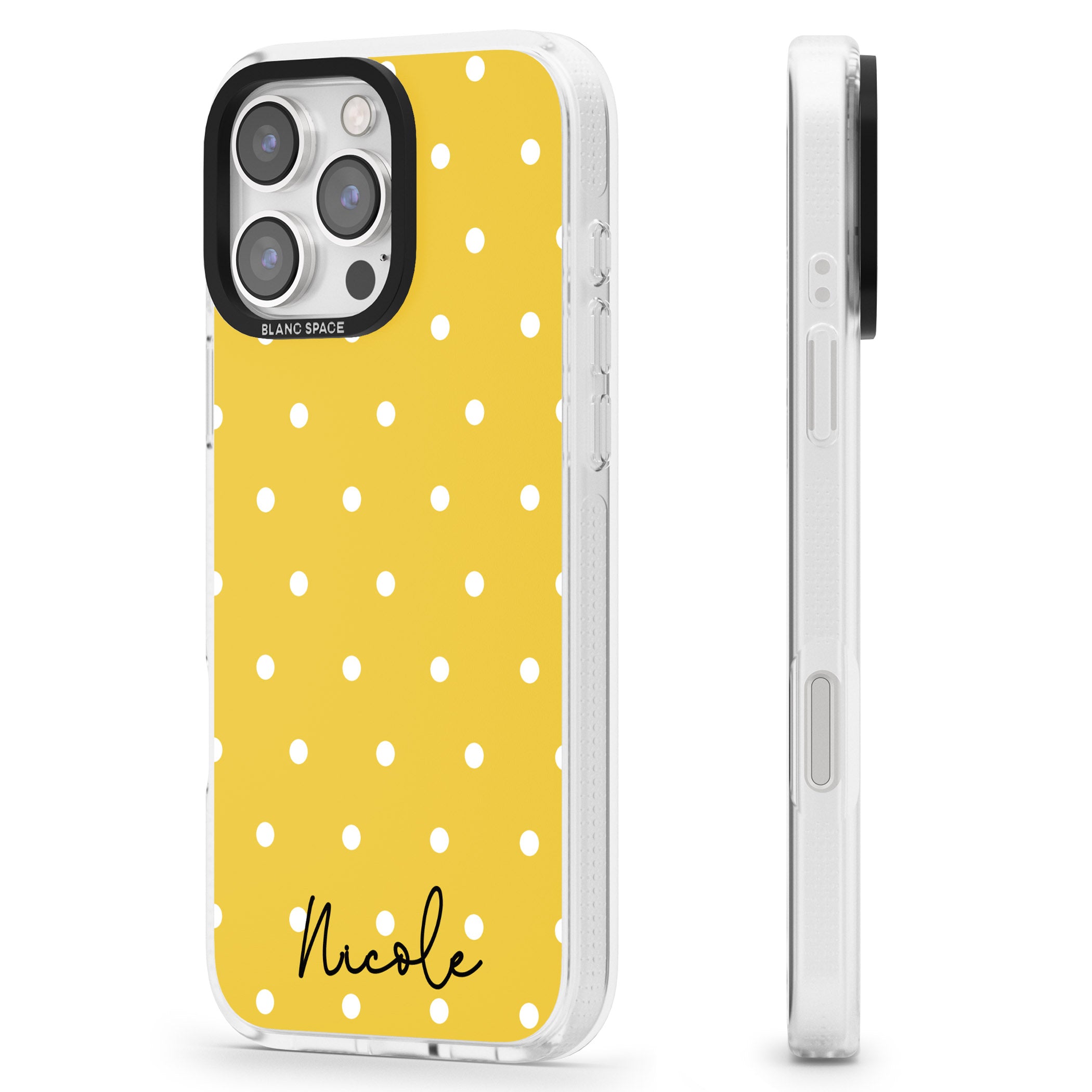 Personalised Yellow Polka Dot iPhone 16 Pro Max / 16 Pro Clear Case Impact Air - Blanc Space