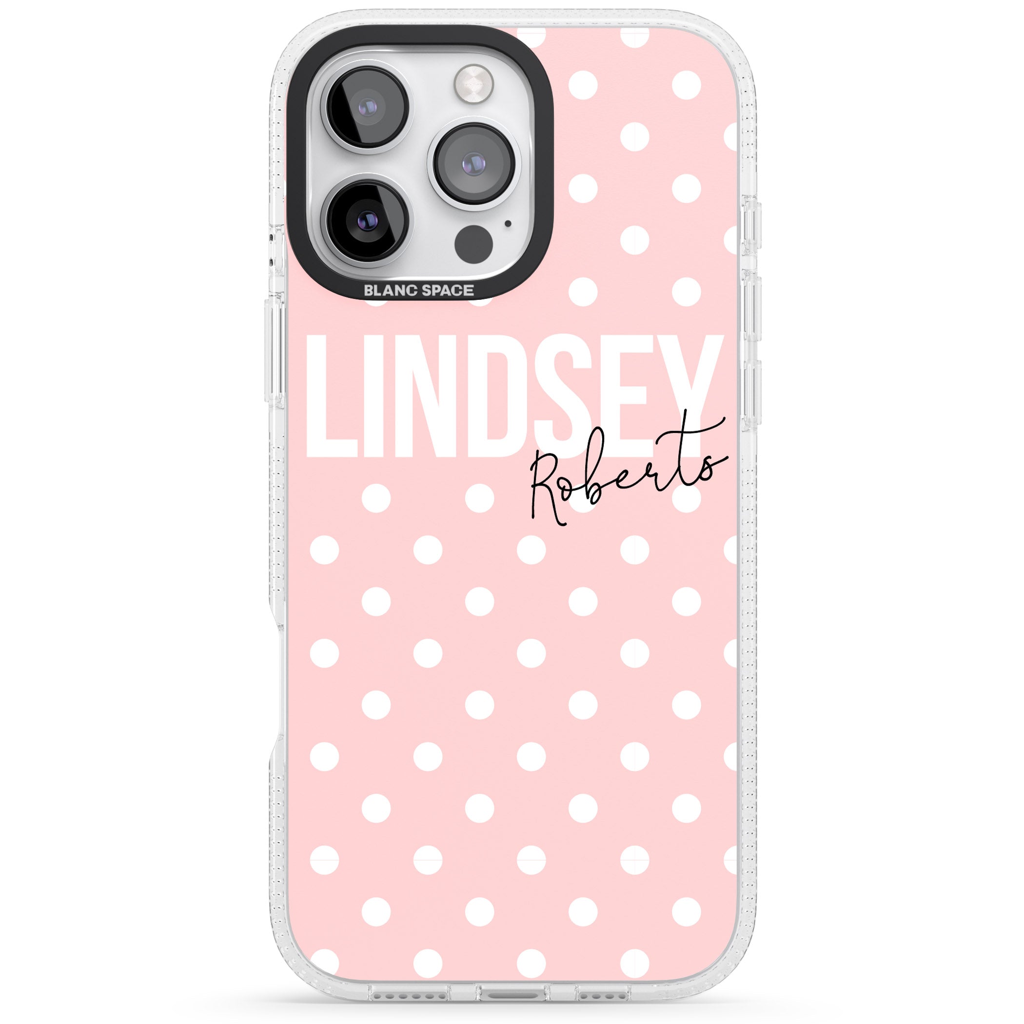 Personalised Pink Polka iPhone 16 Pro Max / 16 Pro Clear Case Impact Air - Blanc Space