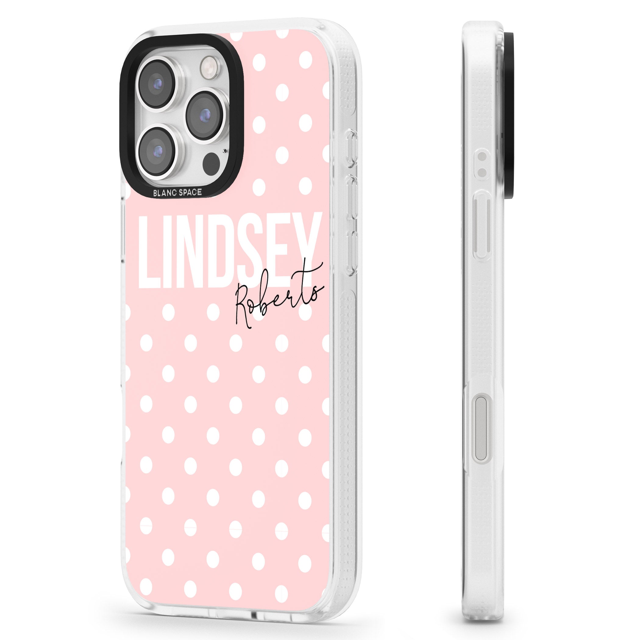Personalised Pink Polka iPhone 16 Pro Max / 16 Pro Clear Case Impact Air - Blanc Space