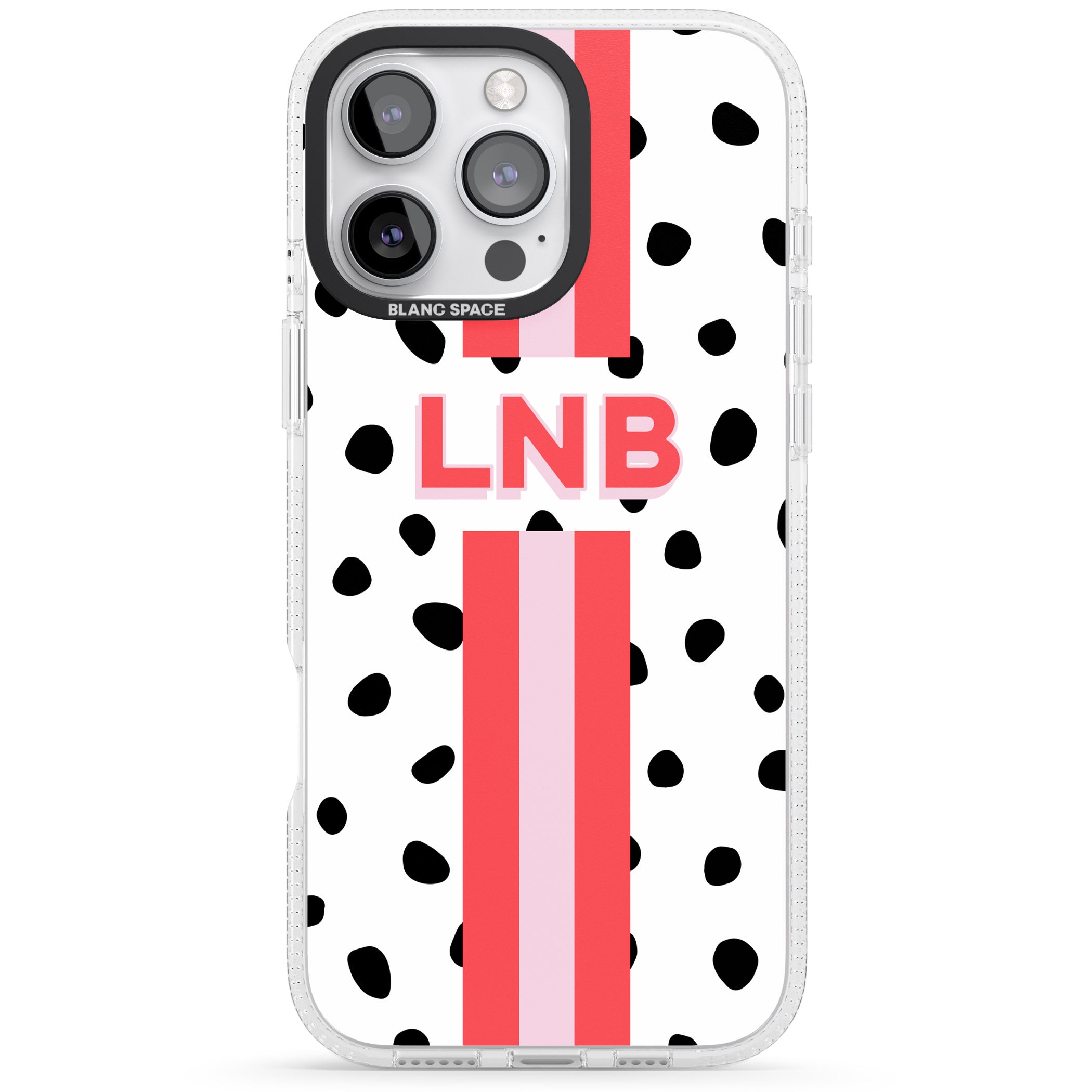 Personalised Polka & Pink Stripe iPhone 16 Pro Max / 16 Pro Clear Case Impact Air - Blanc Space