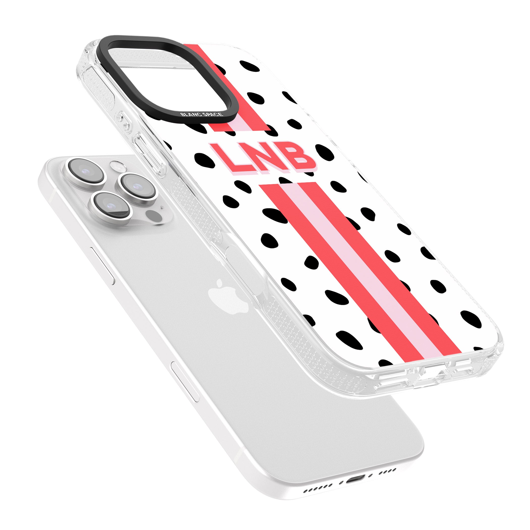 Personalised Polka & Pink Stripe iPhone 16 Pro Max / 16 Pro Clear Case Impact Air - Blanc Space