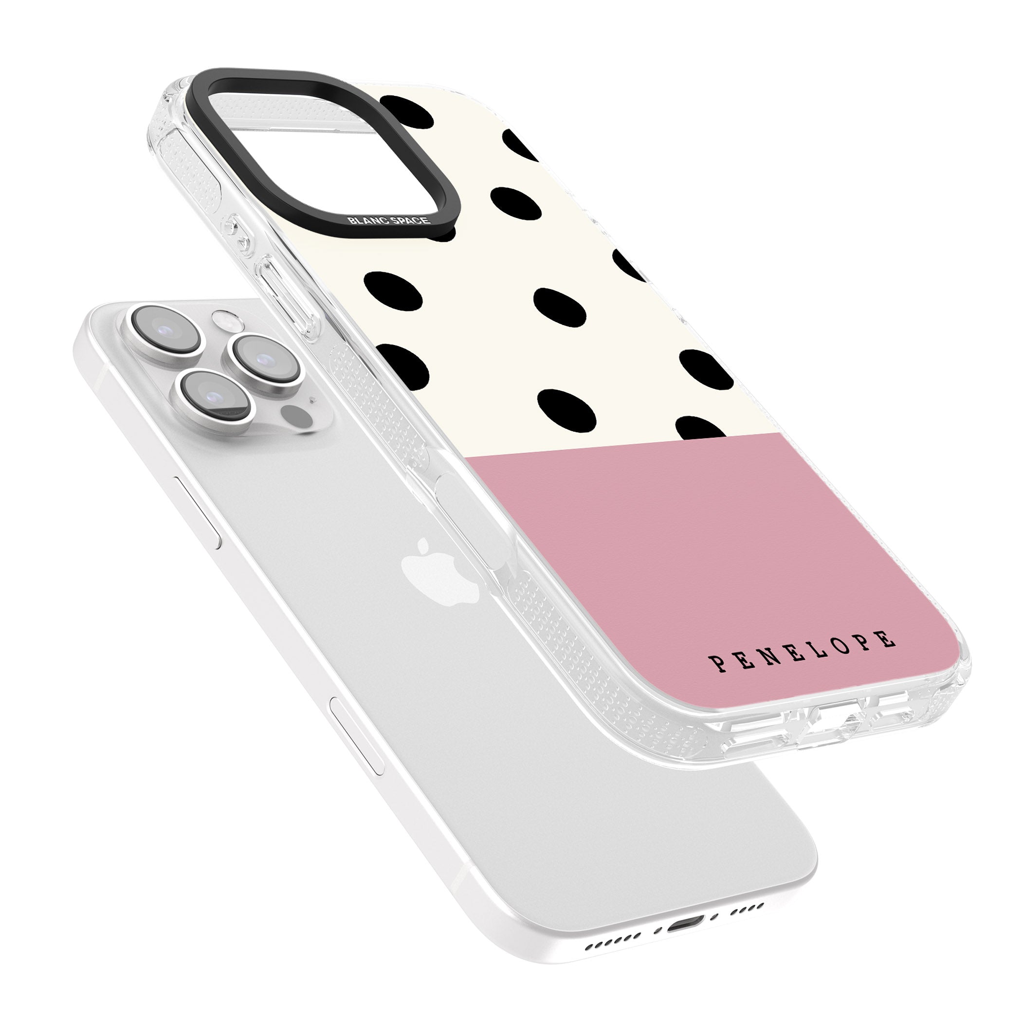 Personalised Pink Border Polka Dot iPhone 16 Pro Max / 16 Pro Clear Case Impact Air - Blanc Space