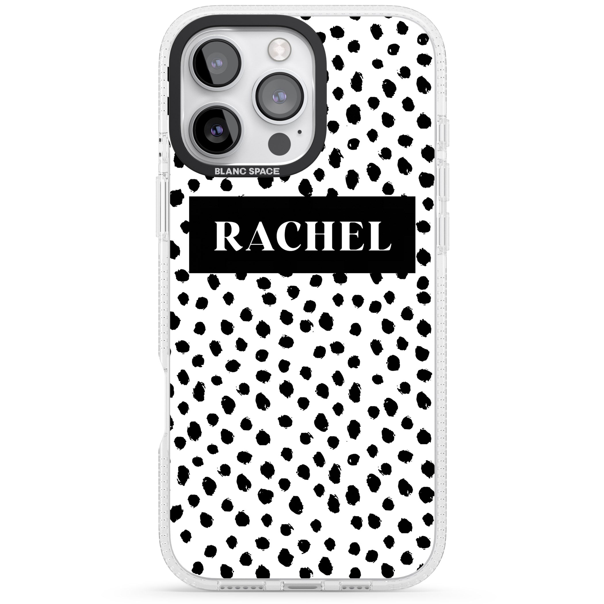 Personalised Black Bar & Dots iPhone 16 Pro Max / 16 Pro Clear Case Impact Air - Blanc Space