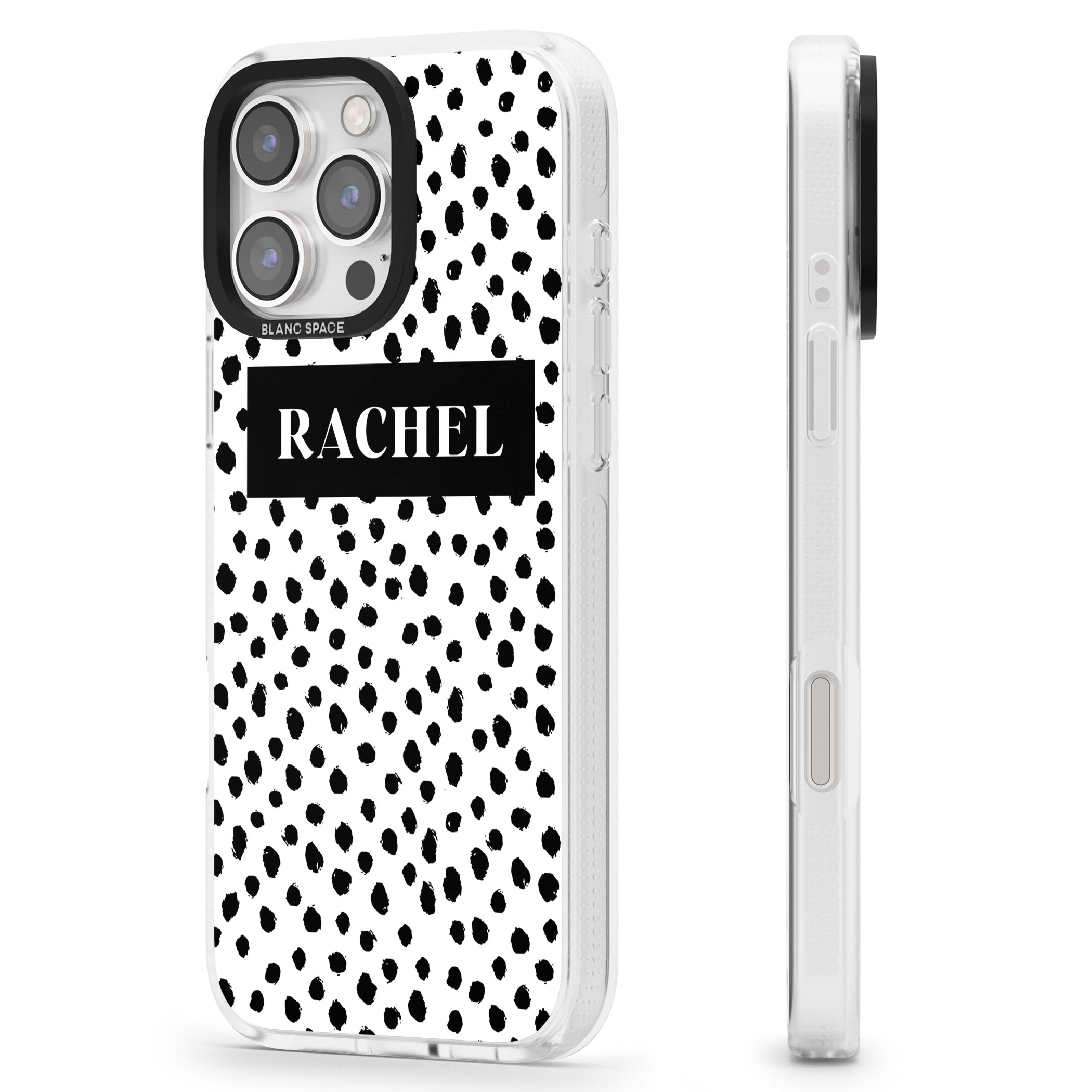 Personalised Black Bar & Dots iPhone 16 Pro Max / 16 Pro Clear Case Impact Air - Blanc Space