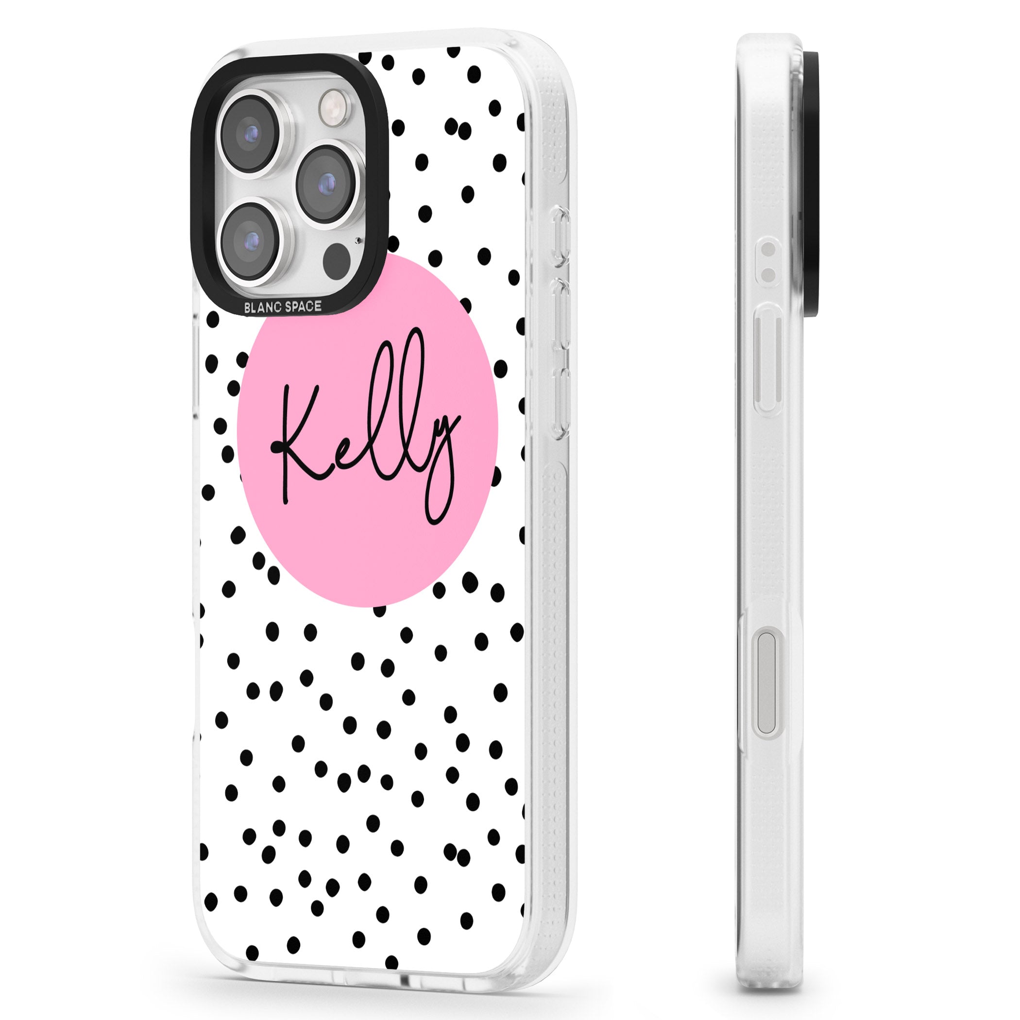 Personalised Pink Circle & Dots iPhone 16 Pro Max / 16 Pro Clear Case Impact Air - Blanc Space