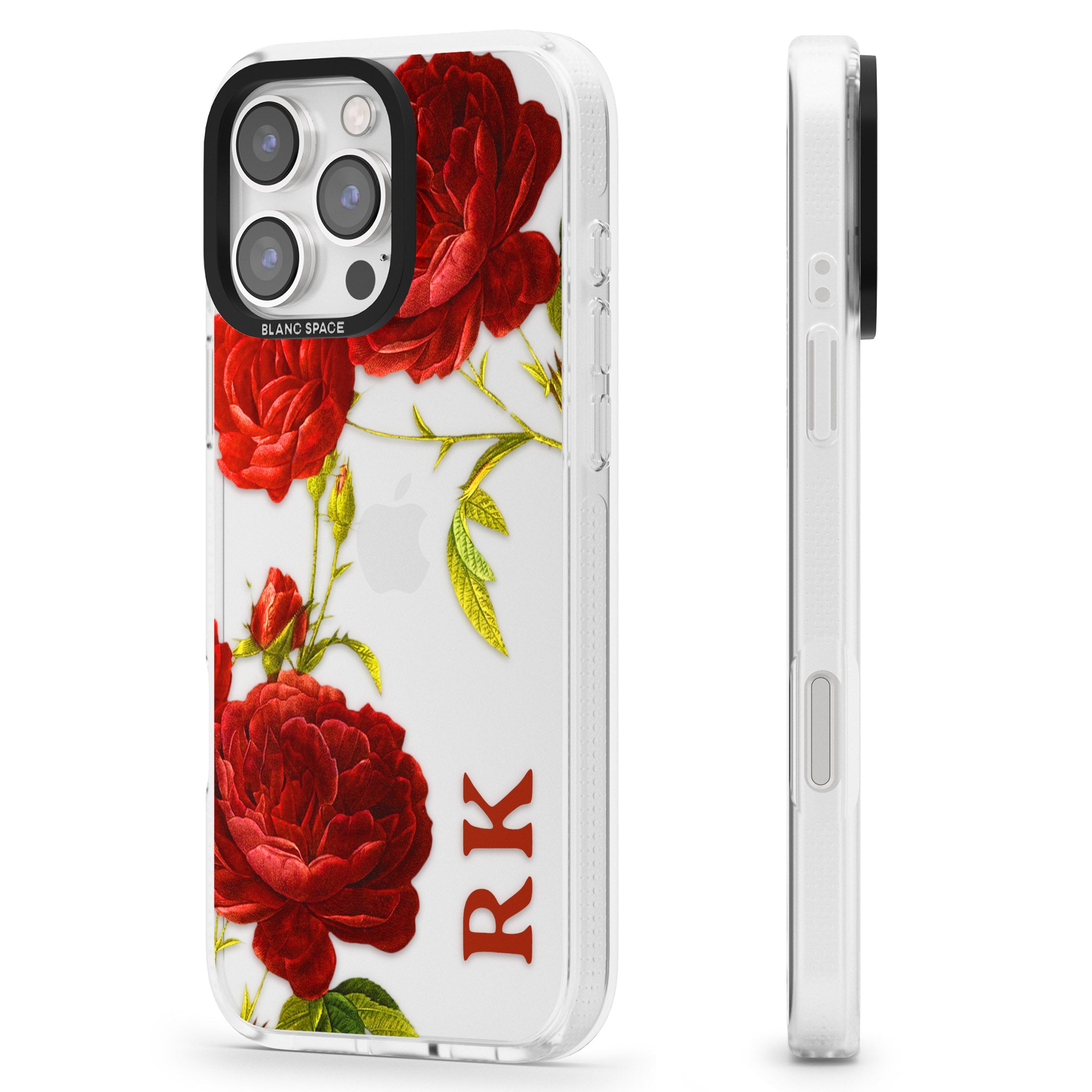 Personalised Clear Vintage Floral Red Roses iPhone 16 Pro Max / 16 Pro Clear Case Impact Air - Blanc Space