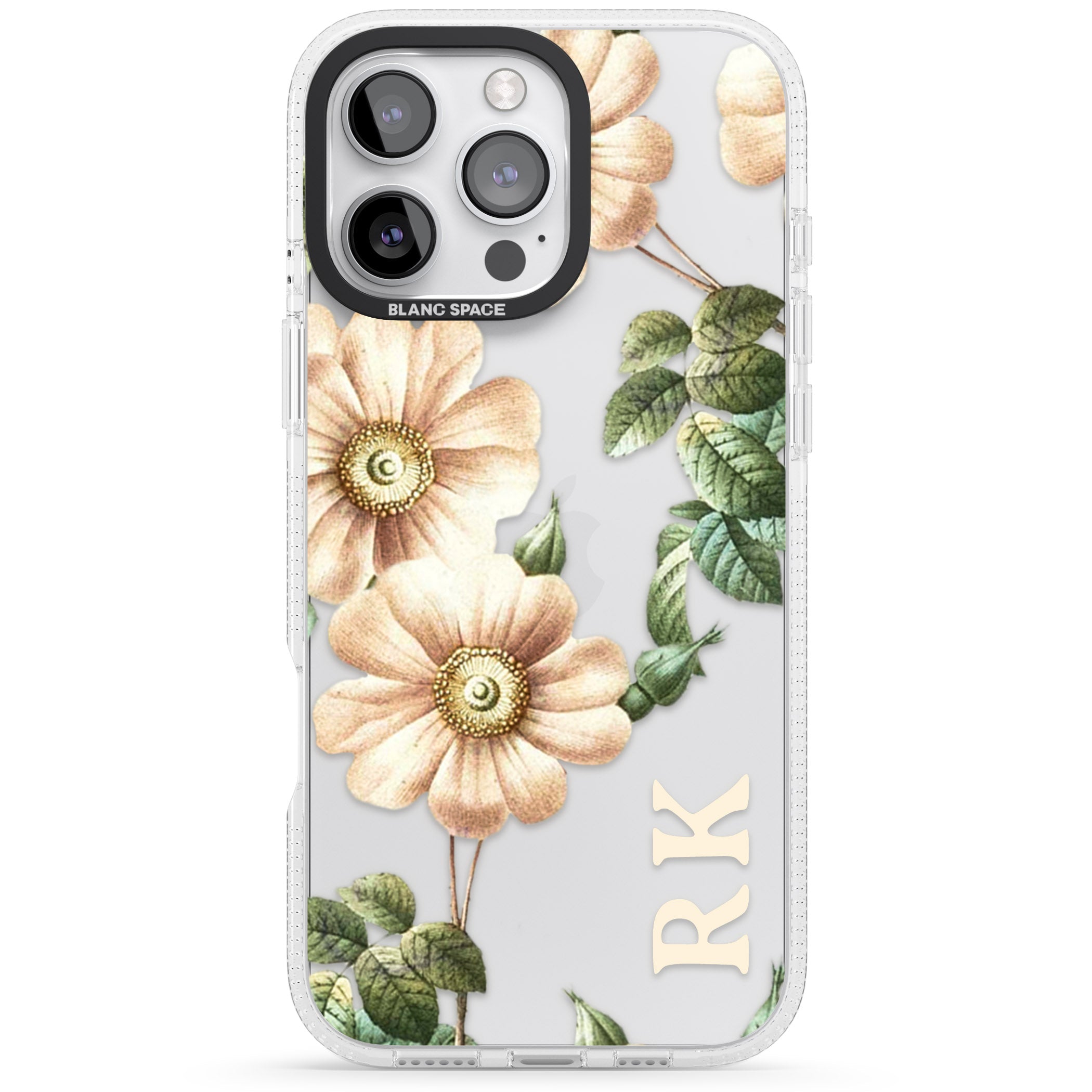 Personalised Clear Vintage Floral Cream Anemones iPhone 16 Pro Max / 16 Pro Clear Case Impact Air - Blanc Space