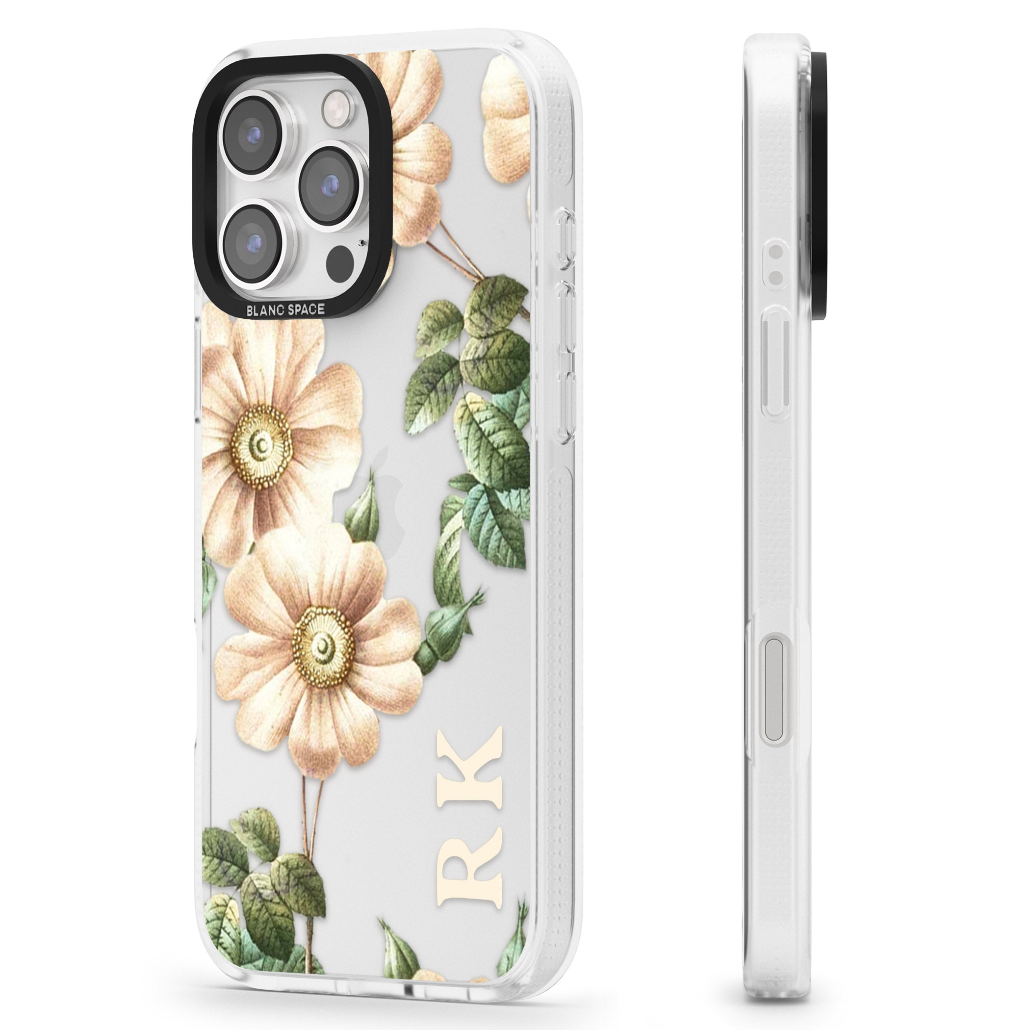 Personalised Clear Vintage Floral Cream Anemones iPhone 16 Pro Max / 16 Pro Clear Case Impact Air - Blanc Space
