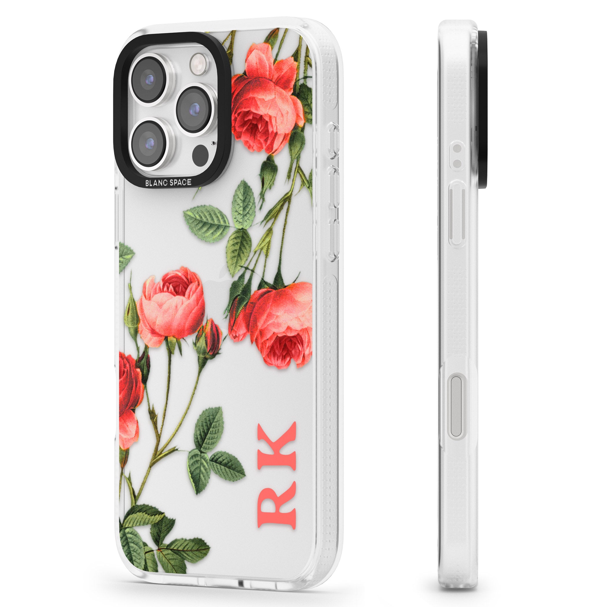Personalised Clear Vintage Floral Pink Roses iPhone 16 Pro Max / 16 Pro Clear Case Impact Air - Blanc Space