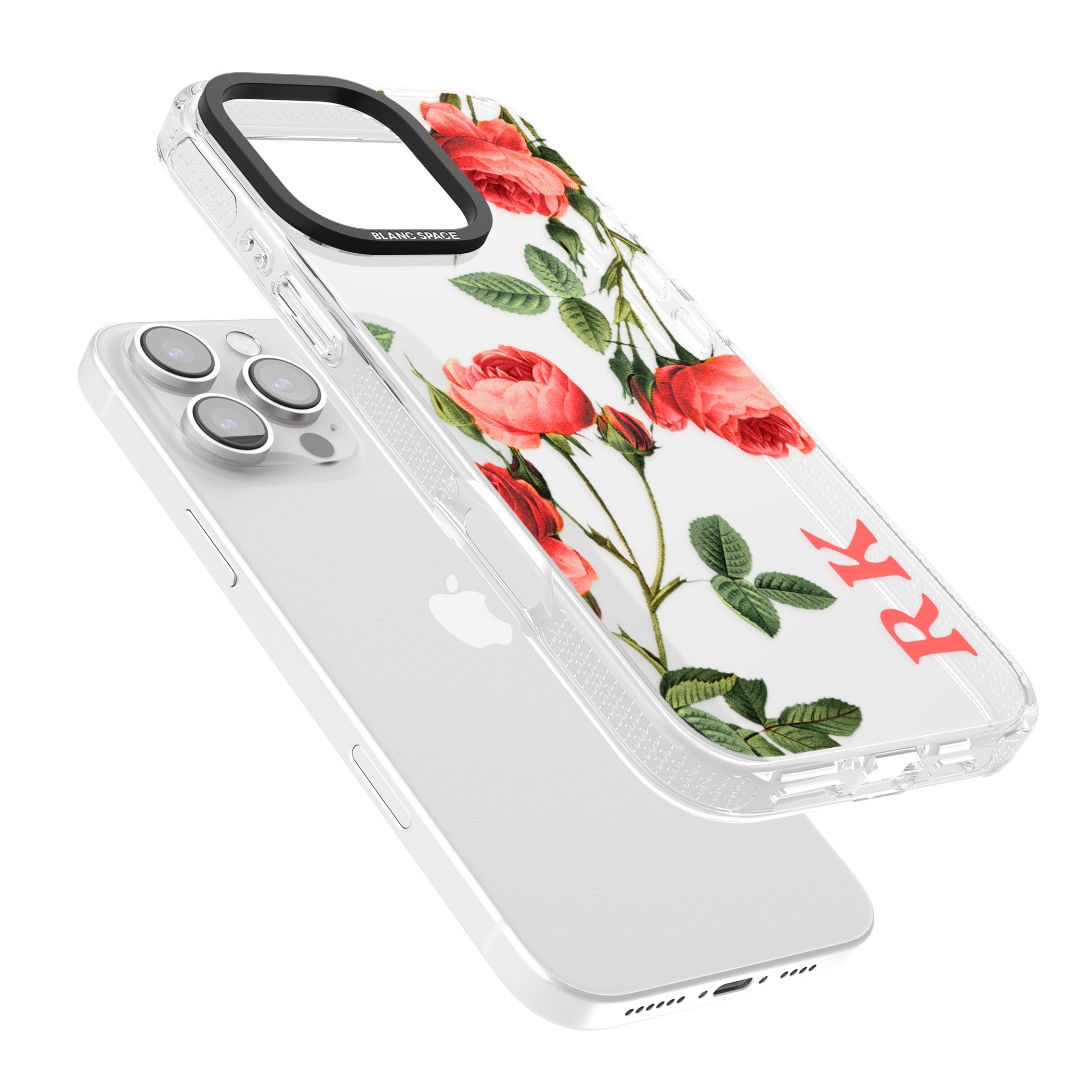 Personalised Clear Vintage Floral Pink Roses iPhone 16 Pro Max / 16 Pro Clear Case Impact Air - Blanc Space
