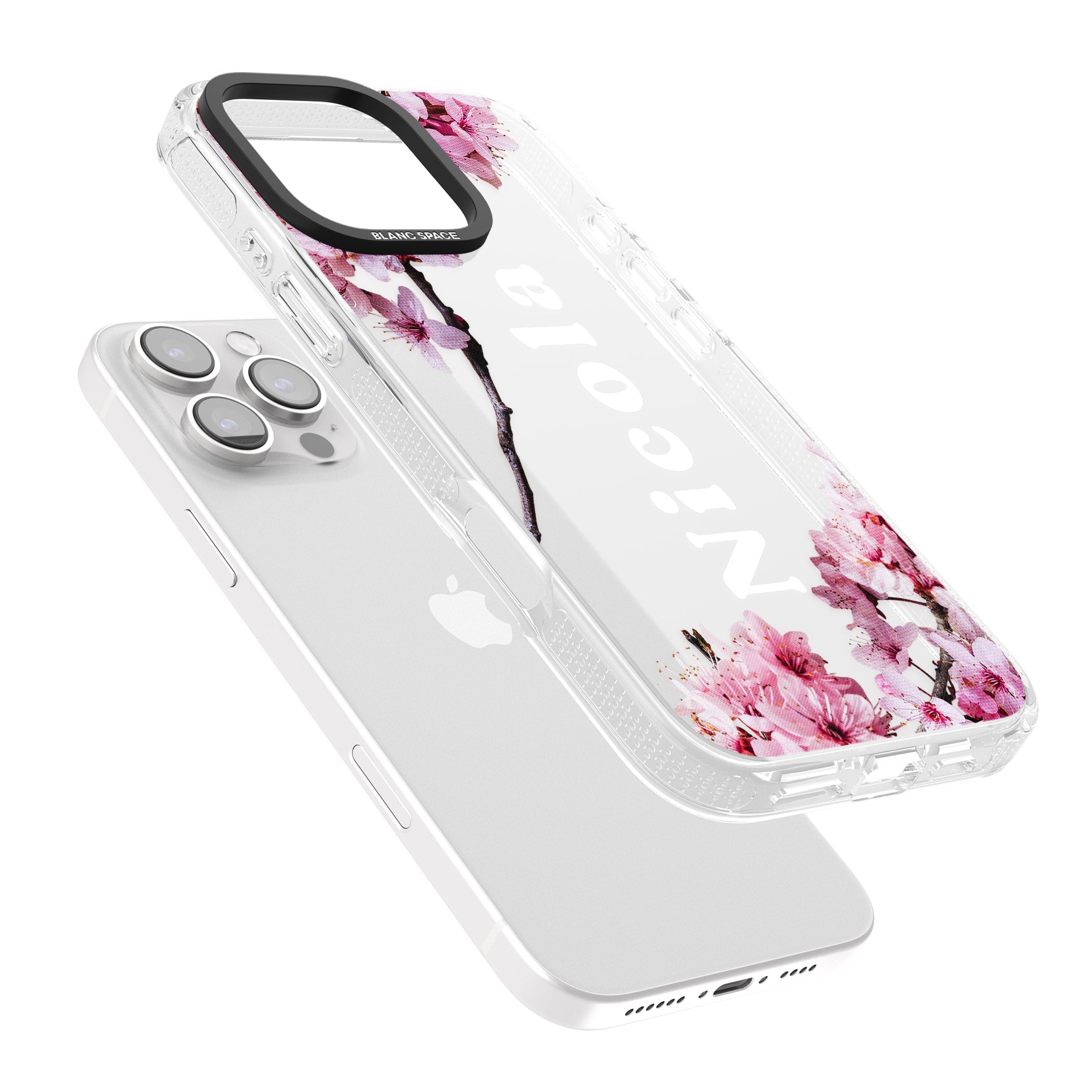 Personalised Cherry Blossoms with Text iPhone 16 Pro Max / 16 Pro Clear Case Impact Air - Blanc Space