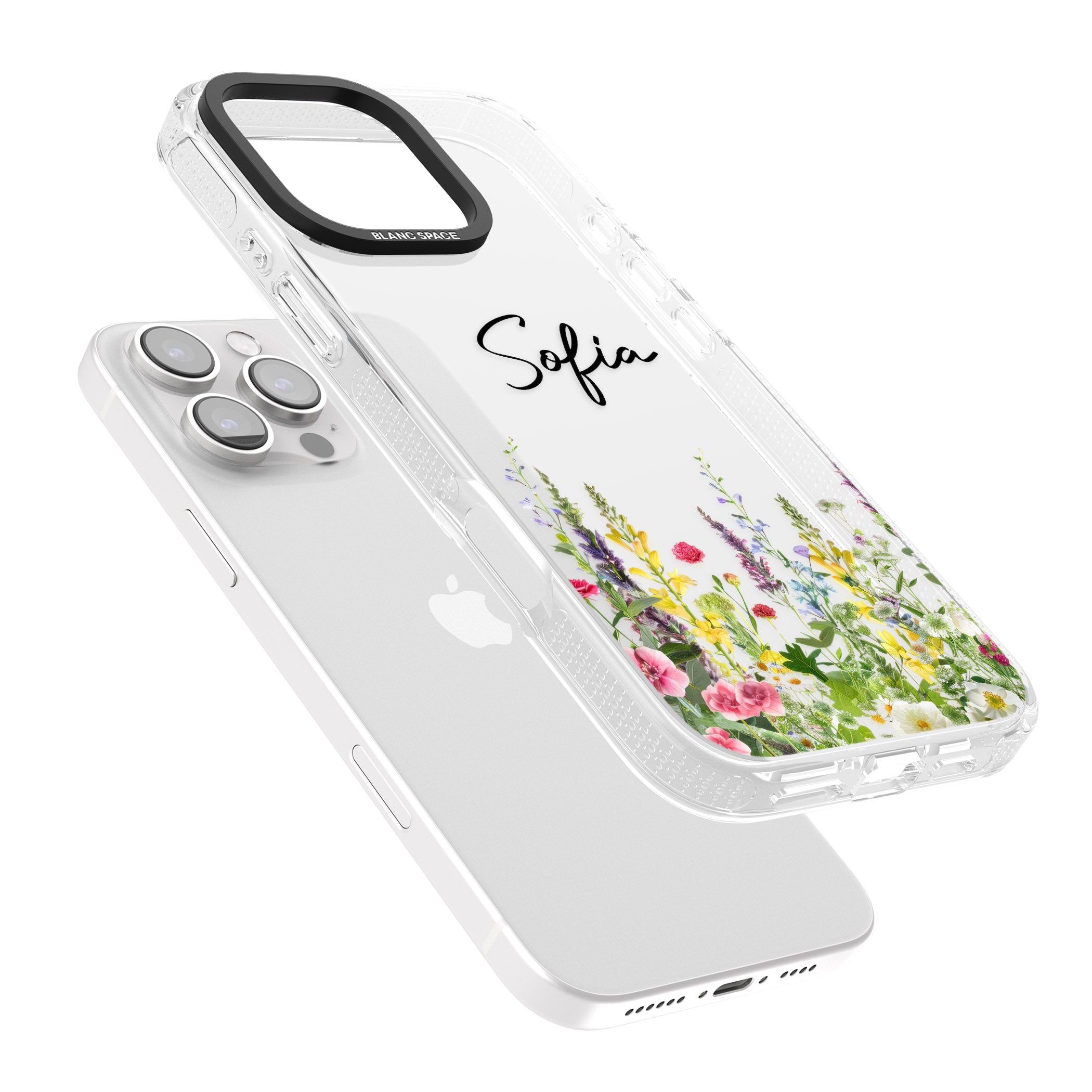 Personalised Garden Wildfowers iPhone 16 Pro Max / 16 Pro Clear Case Impact Air - Blanc Space