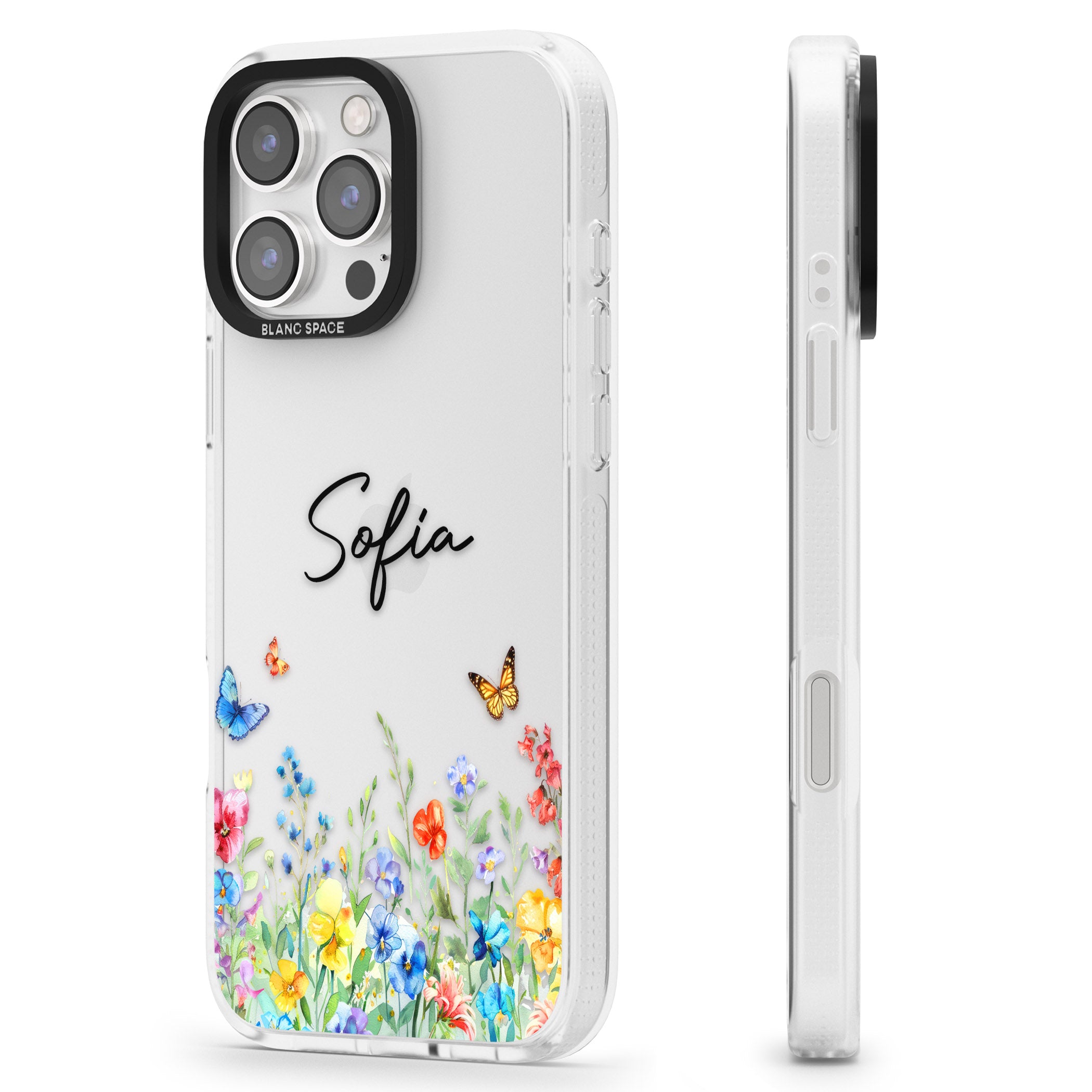 Personalised Butterflies & Wildflowers iPhone 16 Pro Max / 16 Pro Clear Case Impact Air - Blanc Space