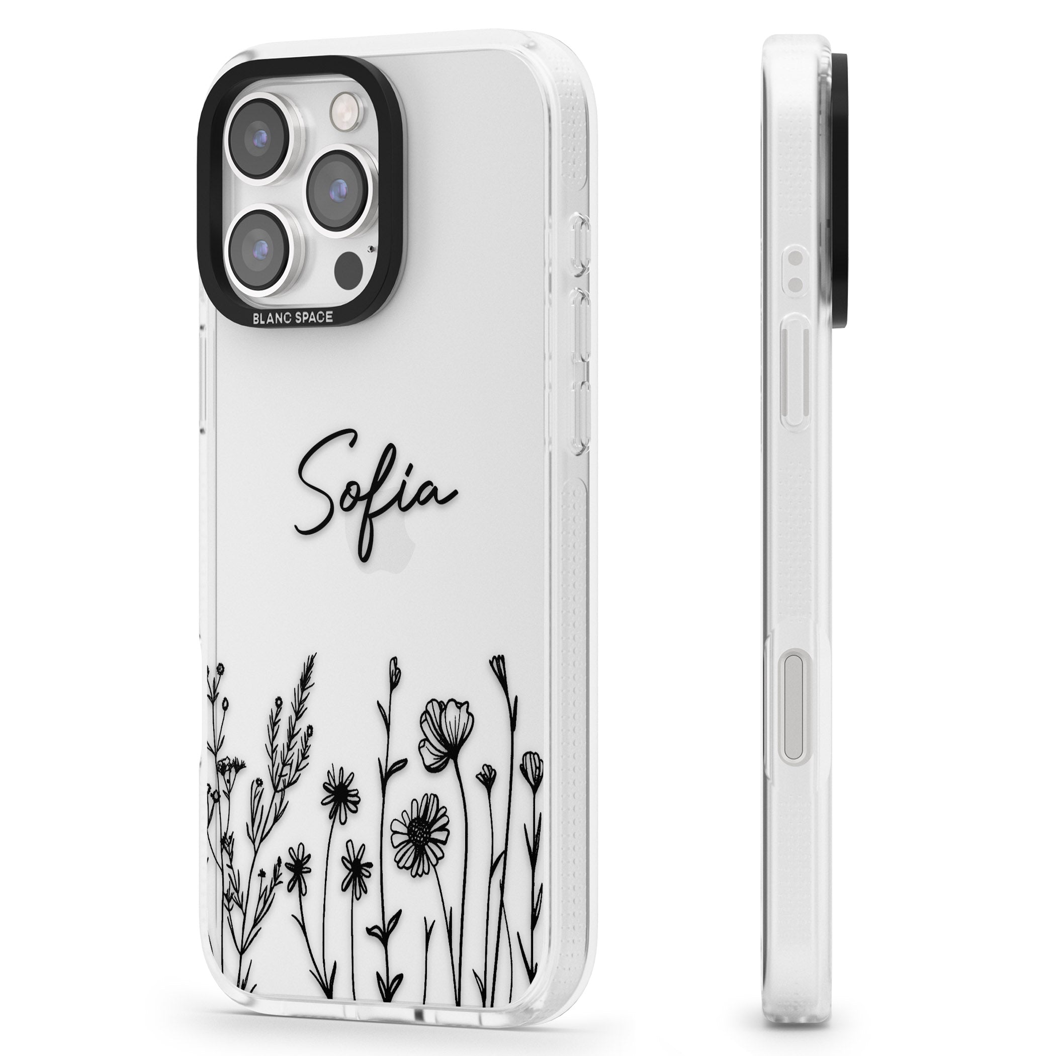 Personalised Black Wildflowers iPhone 16 Pro Max / 16 Pro Clear Case Impact Air - Blanc Space