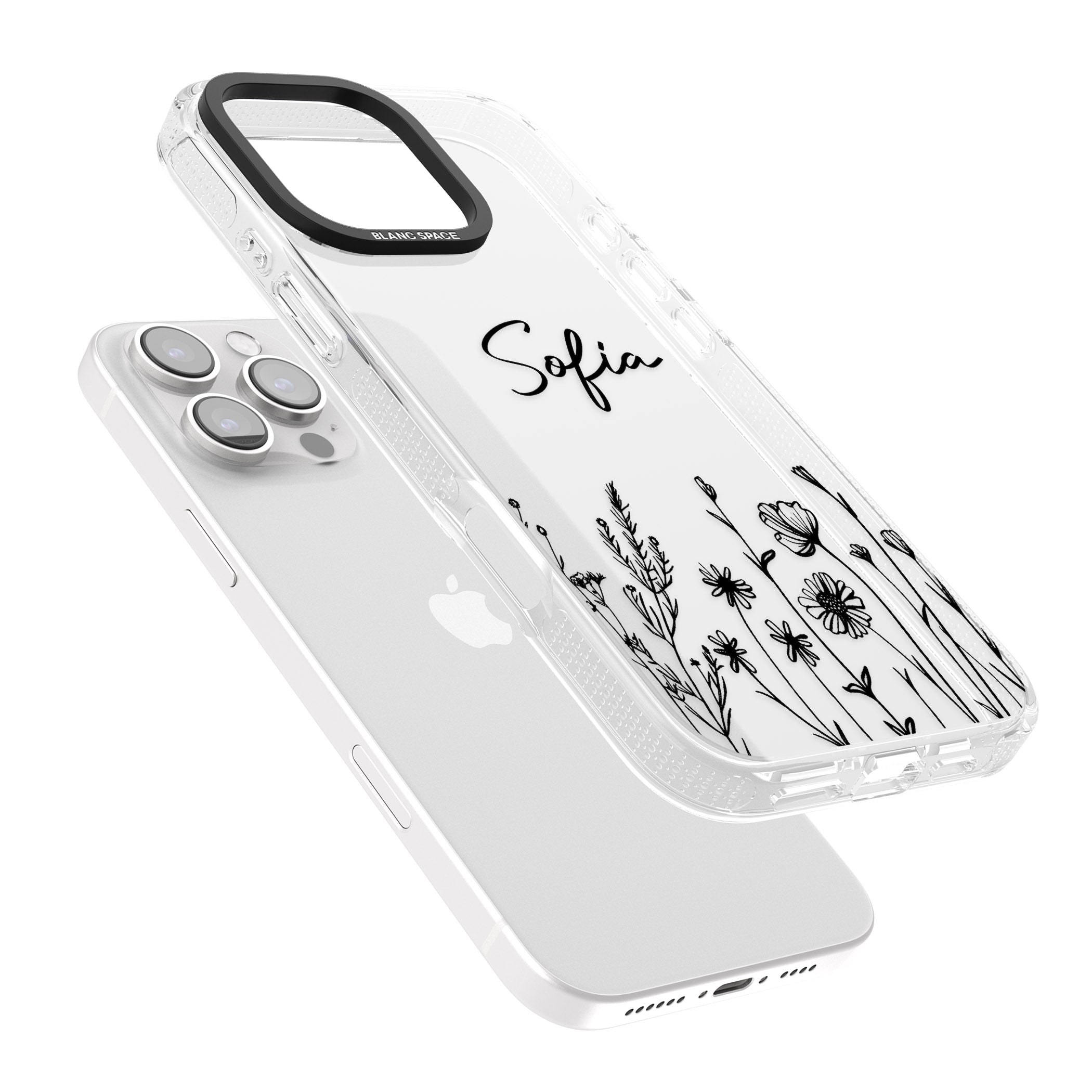 Personalised Black Wildflowers iPhone 16 Pro Max / 16 Pro Clear Case Impact Air - Blanc Space