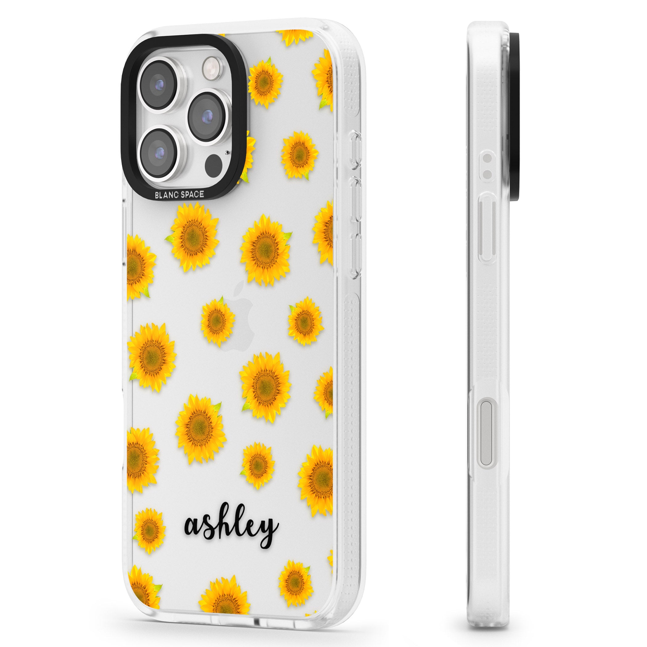 Personalised Sunflowers & Cursive iPhone 16 Pro Max / 16 Pro Clear Case Impact Air - Blanc Space