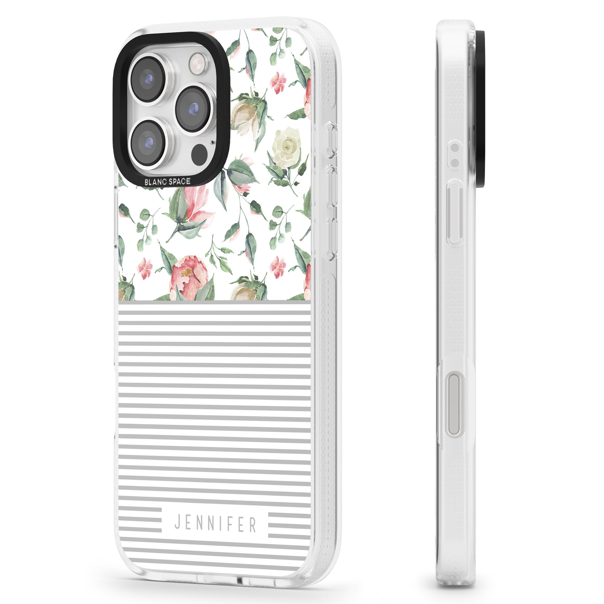 Personalised Light Floral Pattern & Stripes iPhone 16 Pro Max / 16 Pro Clear Case Impact Air - Blanc Space