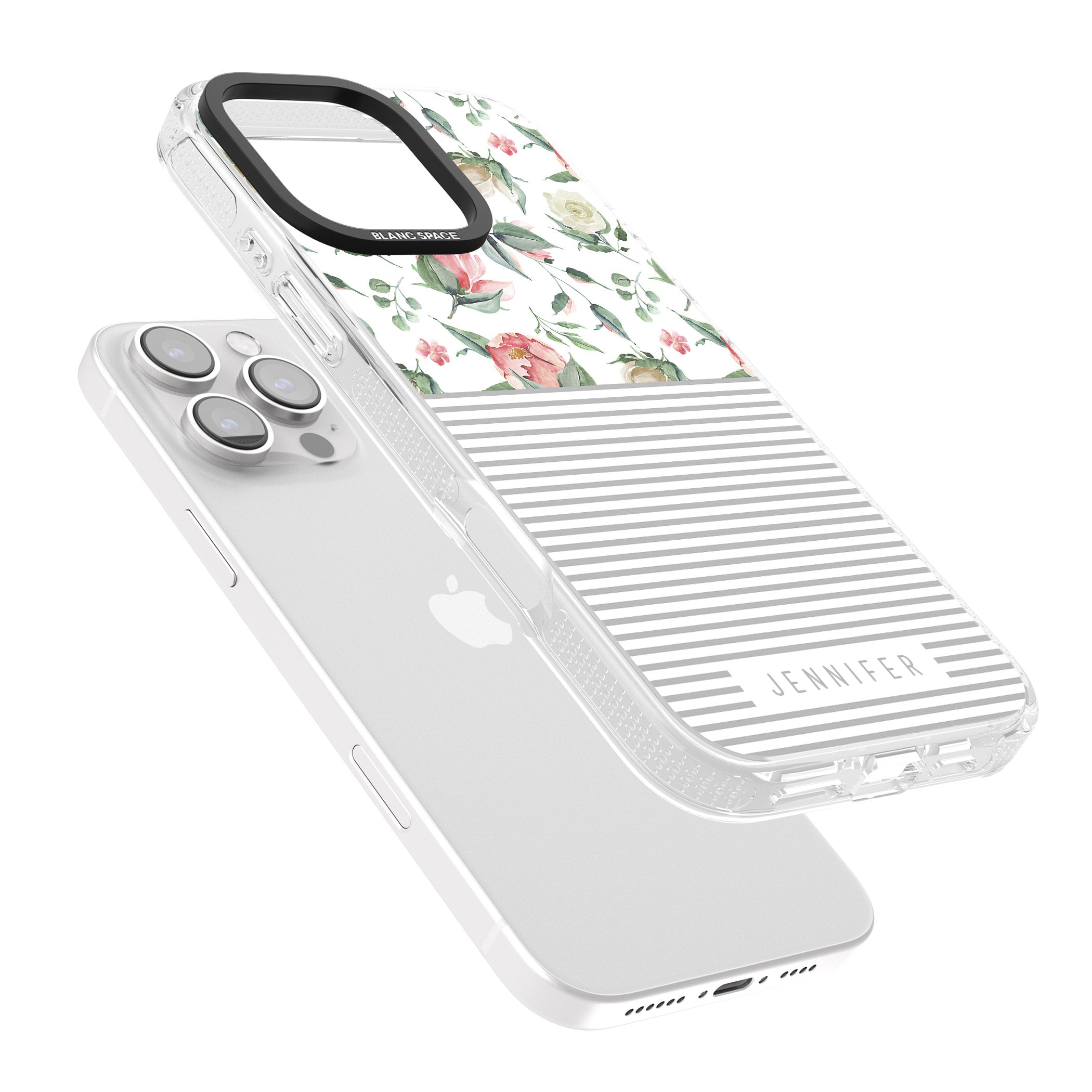 Personalised Light Floral Pattern & Stripes iPhone 16 Pro Max / 16 Pro Clear Case Impact Air - Blanc Space