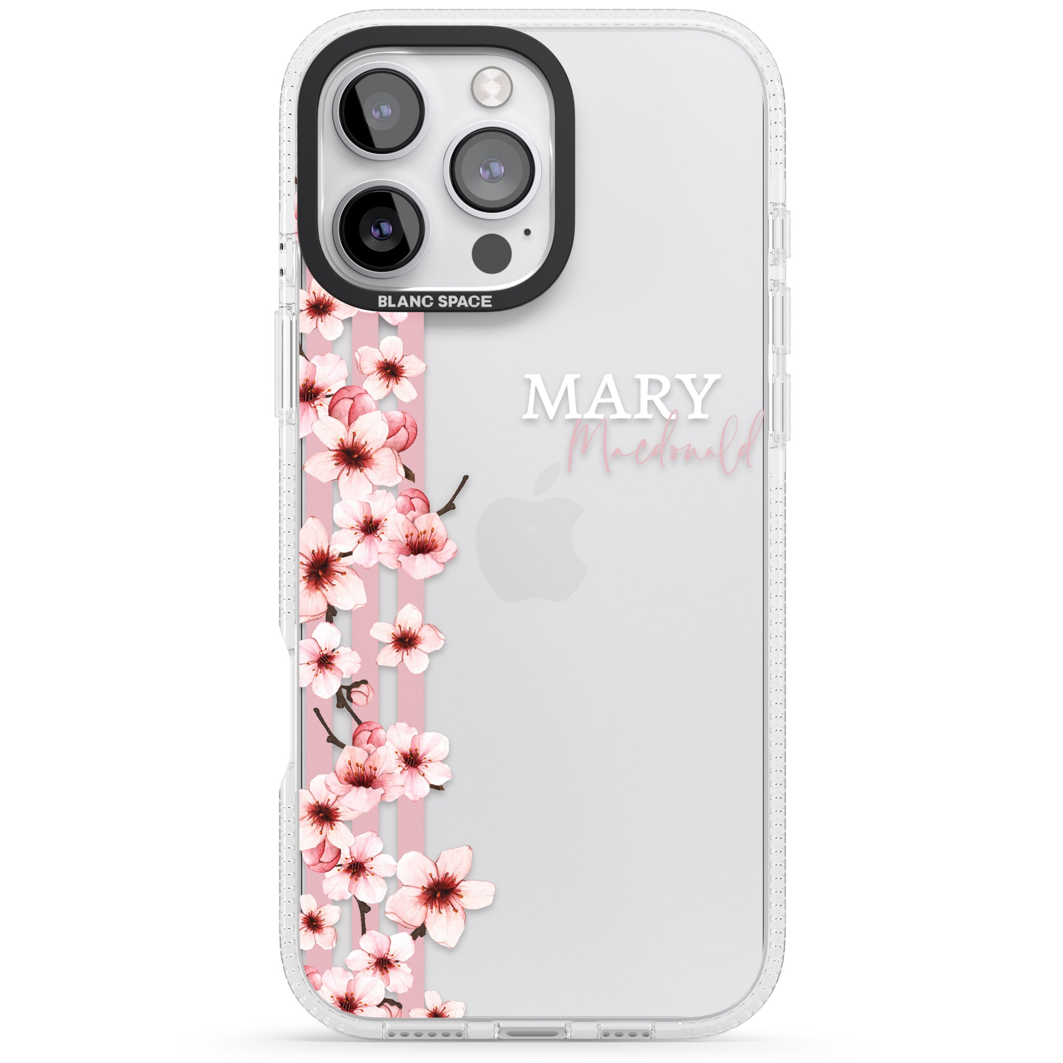 Personalised Cherry Blossoms & Stripes iPhone 16 Pro Max / 16 Pro Clear Case Impact Air - Blanc Space