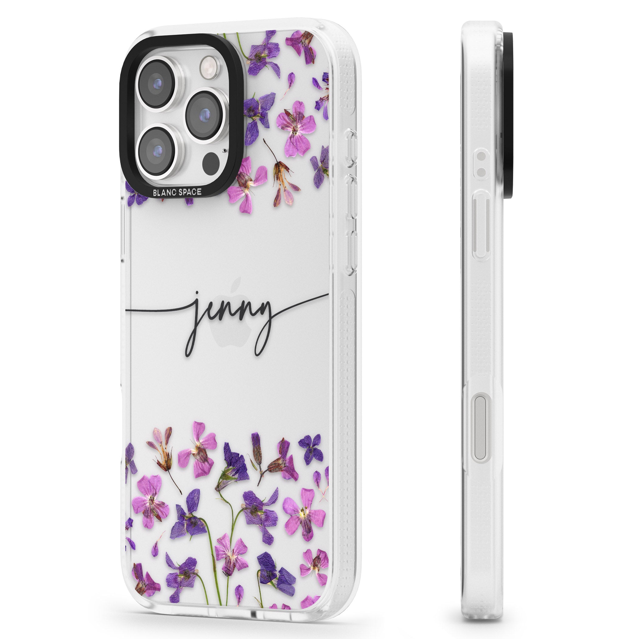Personalised Purple Violets iPhone 16 Pro Max / 16 Pro Clear Case Impact Air - Blanc Space