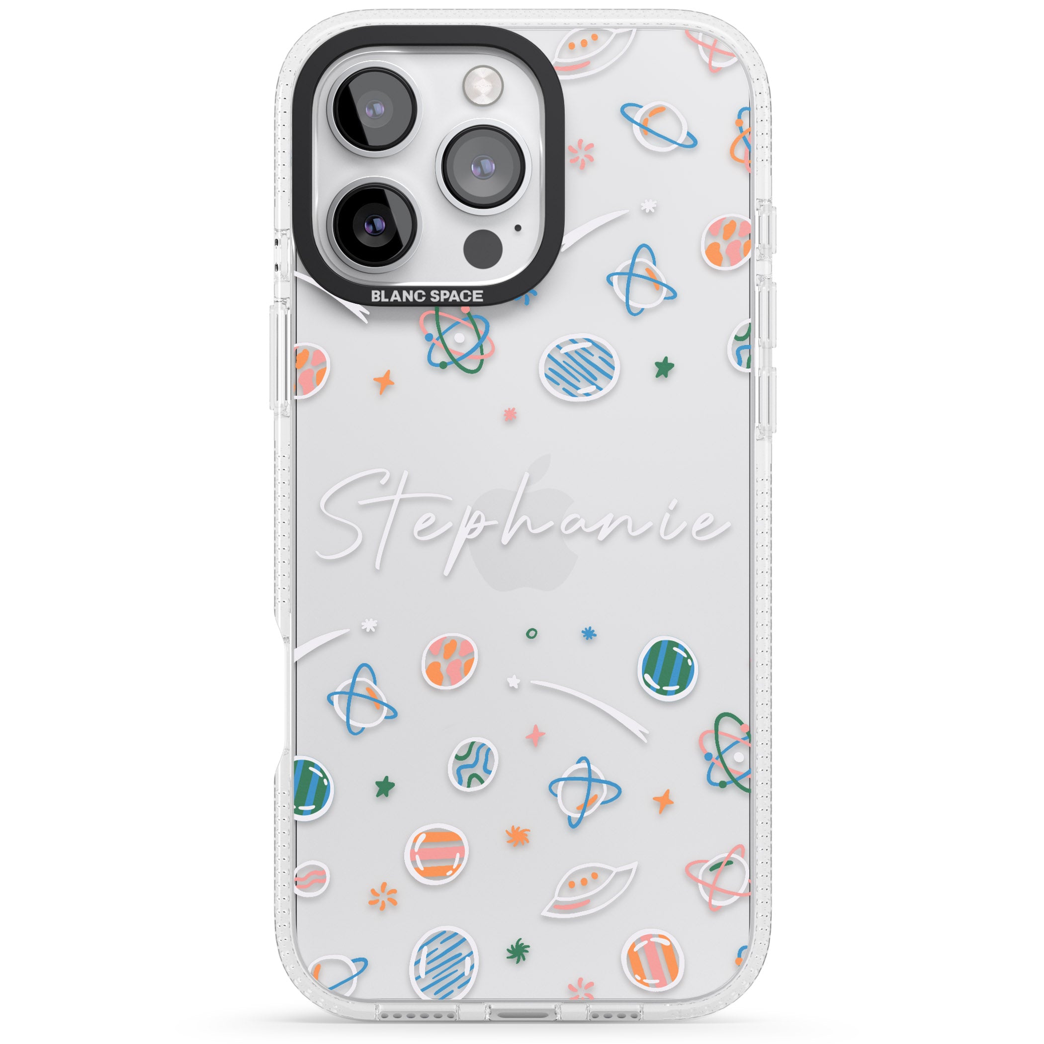 Personalised Space Pattern White iPhone 16 Pro Max / 16 Pro Clear Case Impact Air - Blanc Space