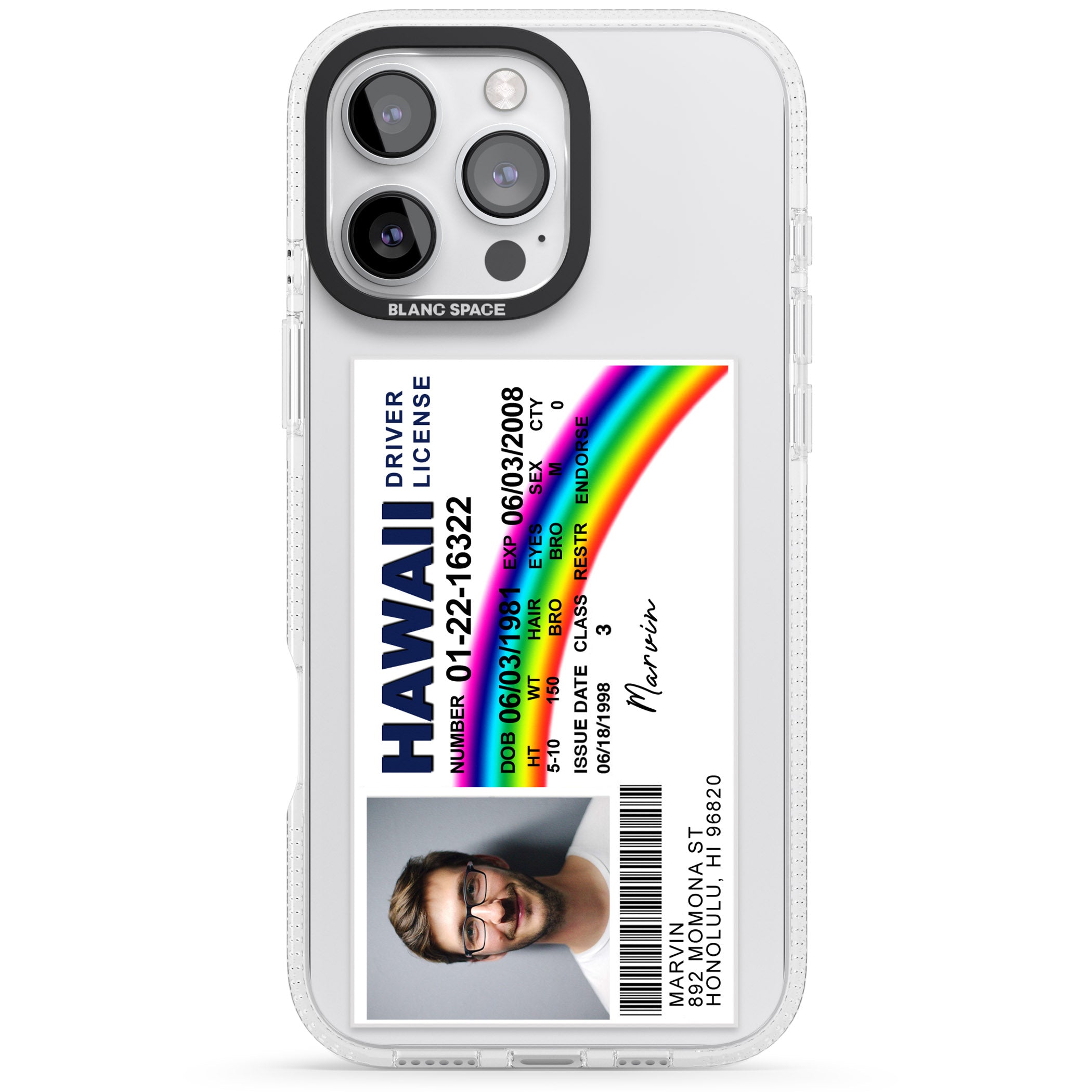 Personalised Hawaii Driving License iPhone 16 Pro Max / 16 Pro Clear Case Impact Air - Blanc Space