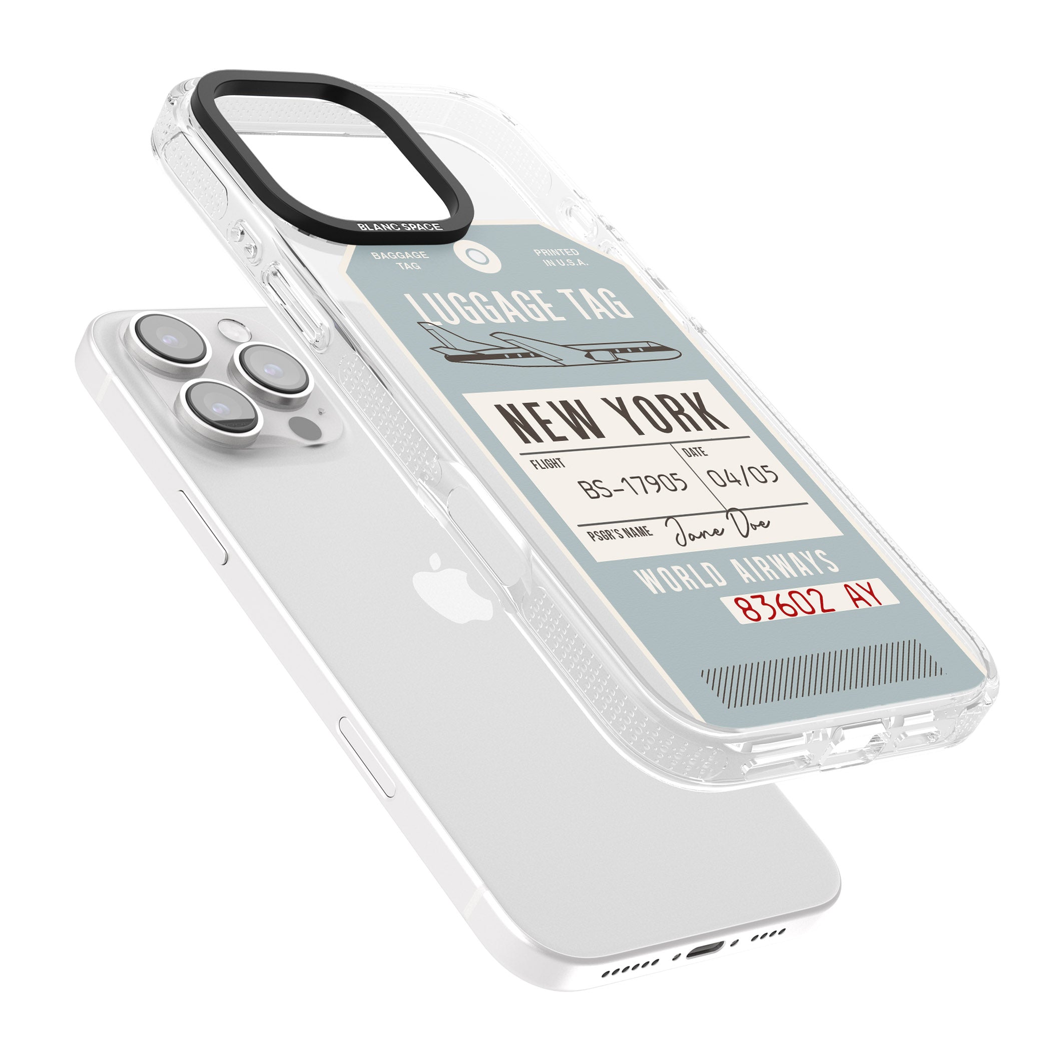 Personalised Vintage USA Luggage Tag iPhone 16 Pro Max / 16 Pro Clear Case Impact Air - Blanc Space