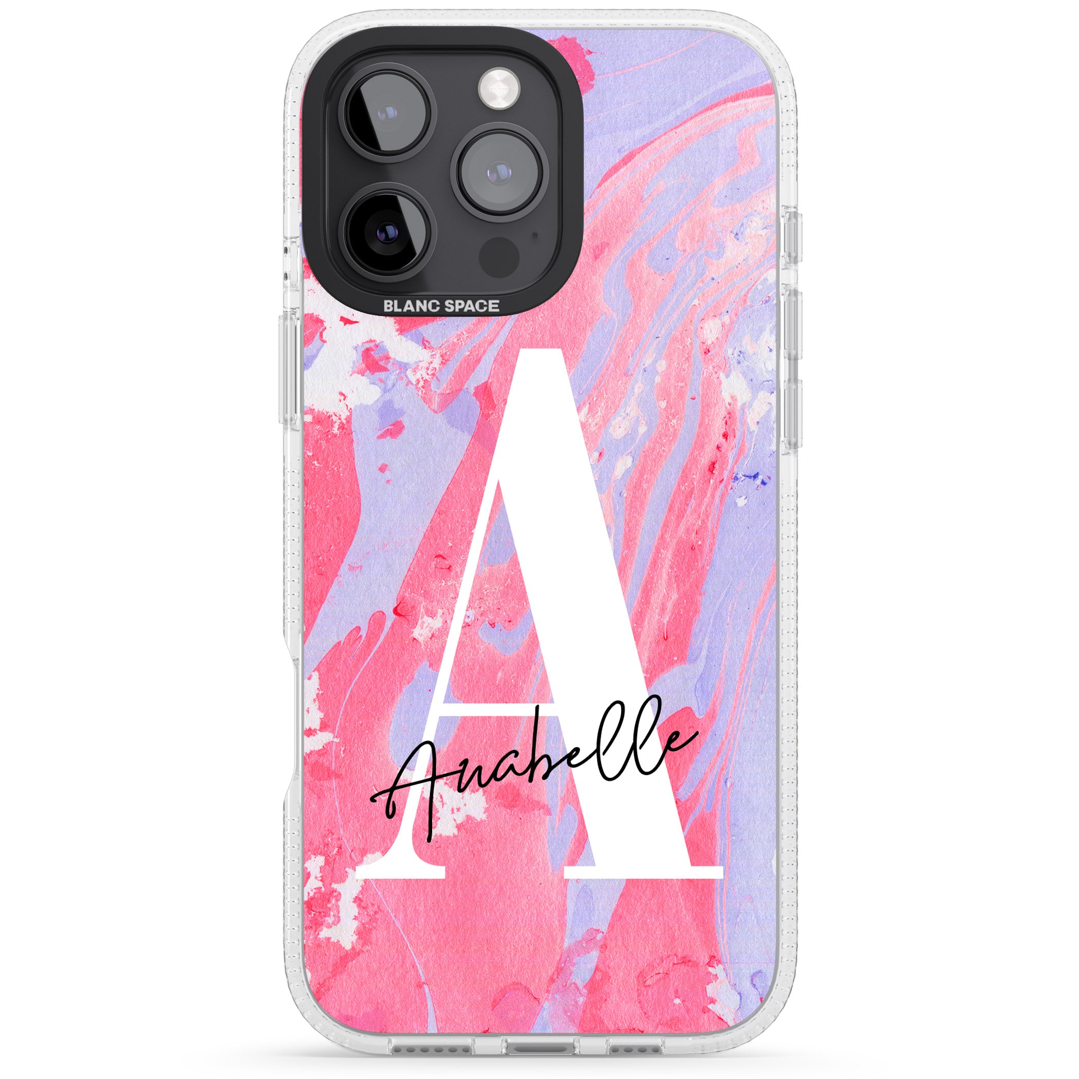 Personalised Pink & Purple - Marble iPhone 16 Pro Max / 16 Pro Clear Case Impact Air - Blanc Space