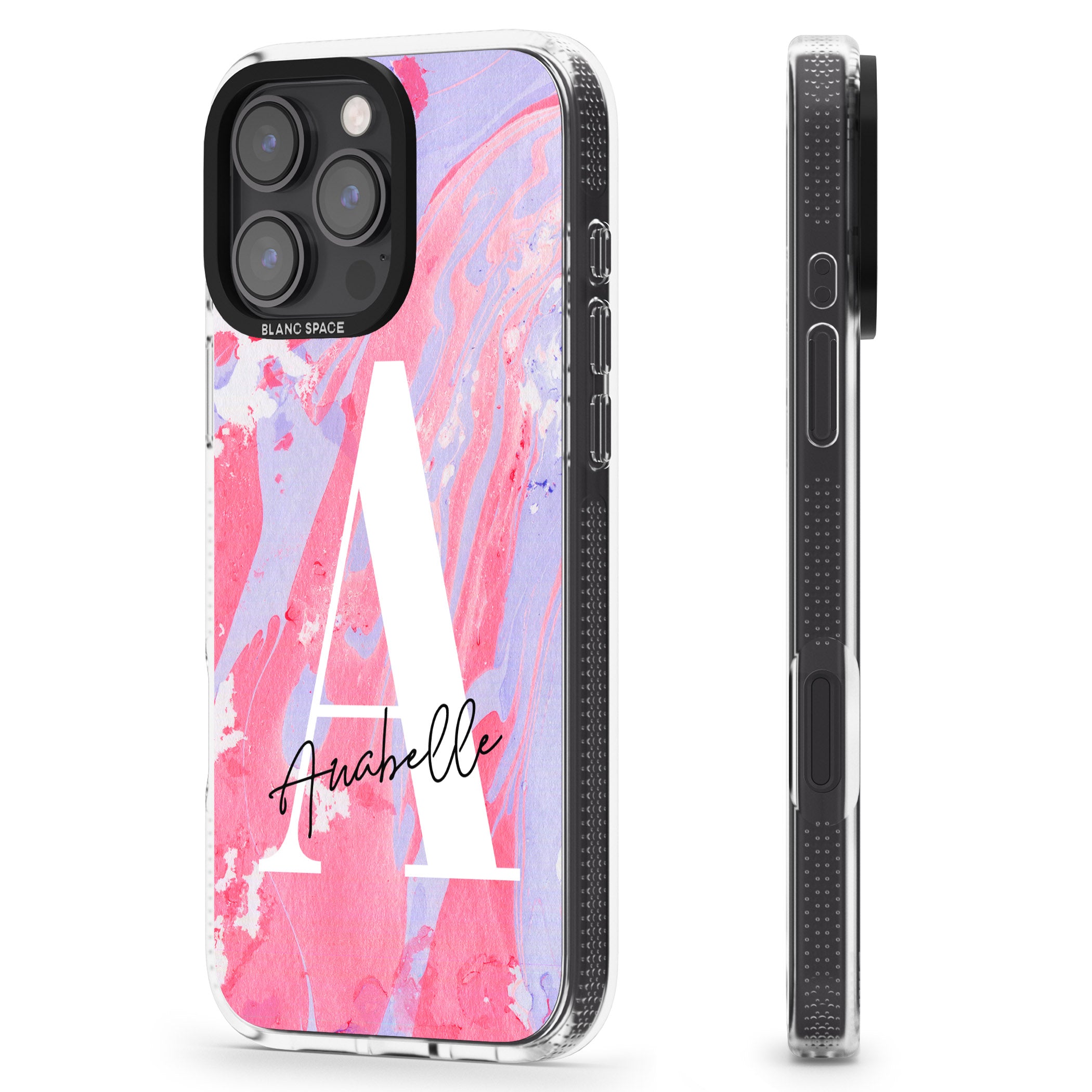Personalised Pink & Purple - Marble iPhone 16 Pro Max / 16 Pro Clear Case Impact Air - Blanc Space