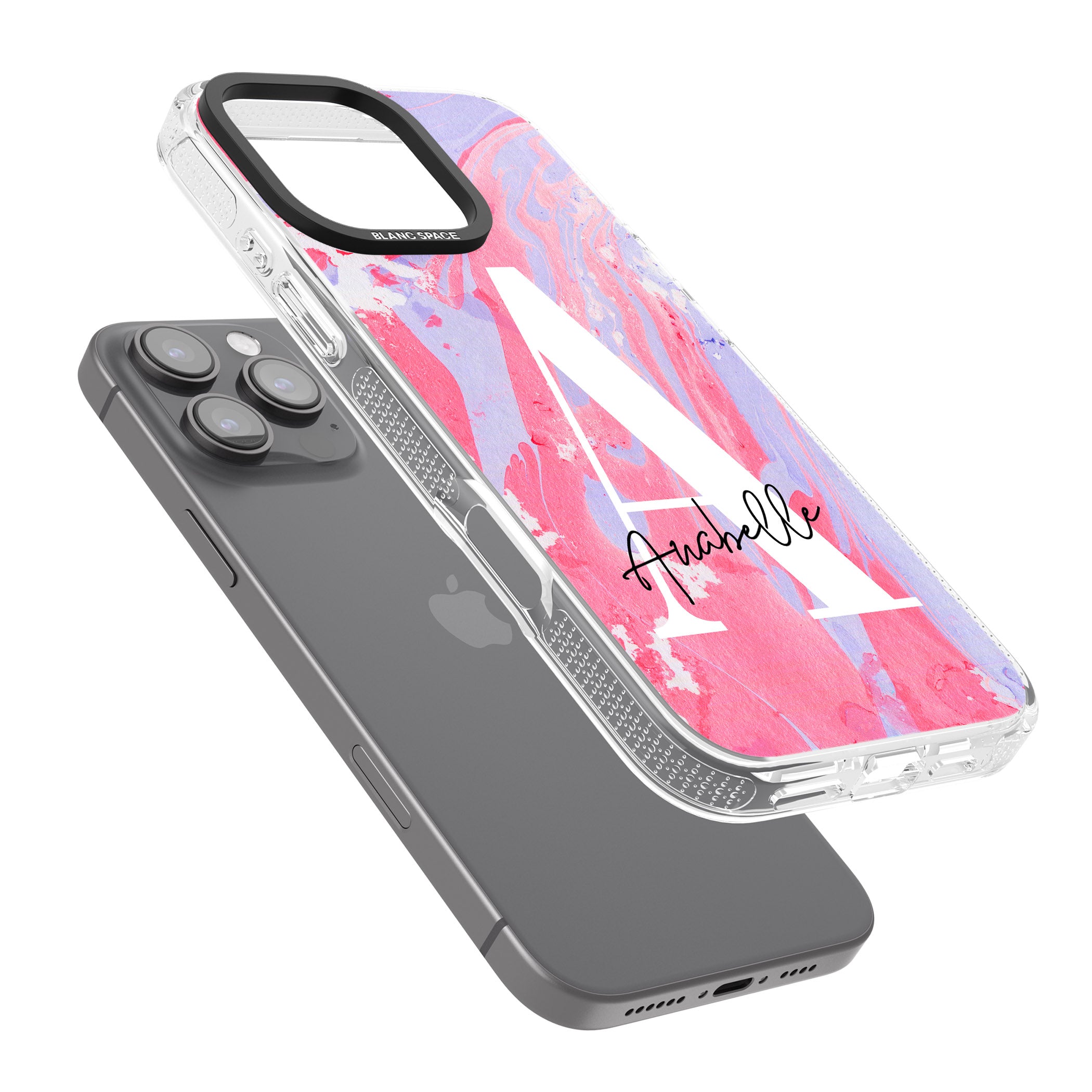 Personalised Pink & Purple - Marble iPhone 16 Pro Max / 16 Pro Clear Case Impact Air - Blanc Space