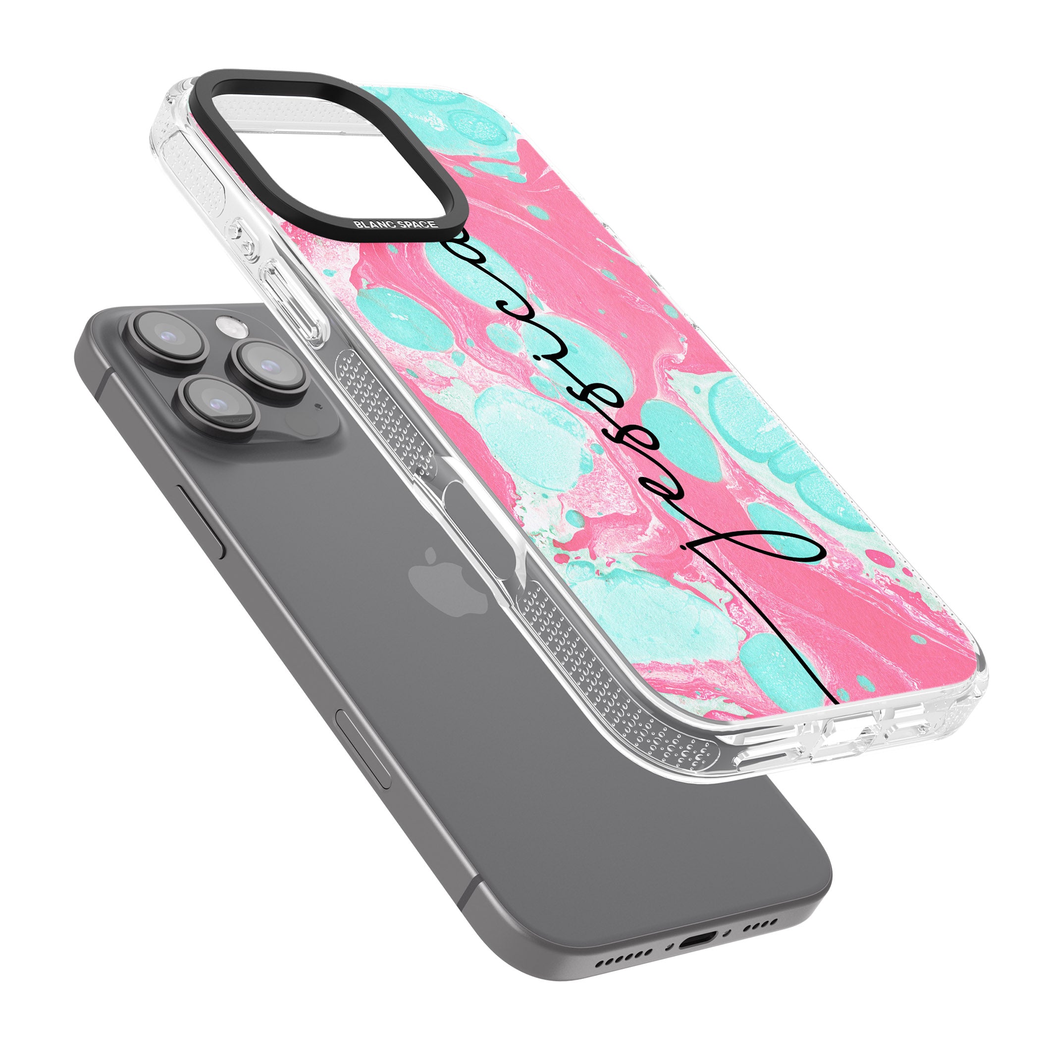 Personalised Turquoise & Pink - Marbled iPhone 16 Pro Max / 16 Pro Clear Case Impact Air - Blanc Space
