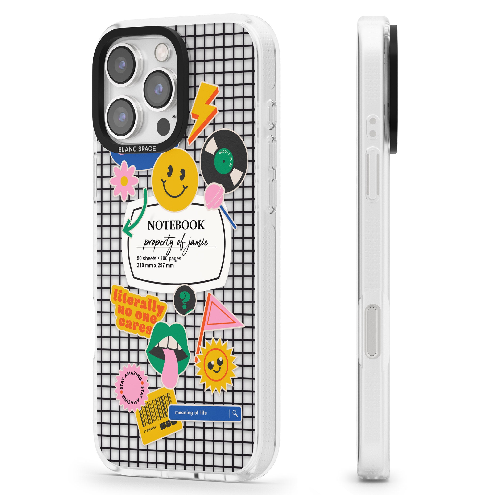 Personalised Sticker Mix on Grid iPhone 16 Pro Max / 16 Pro Clear Case Impact Air - Blanc Space