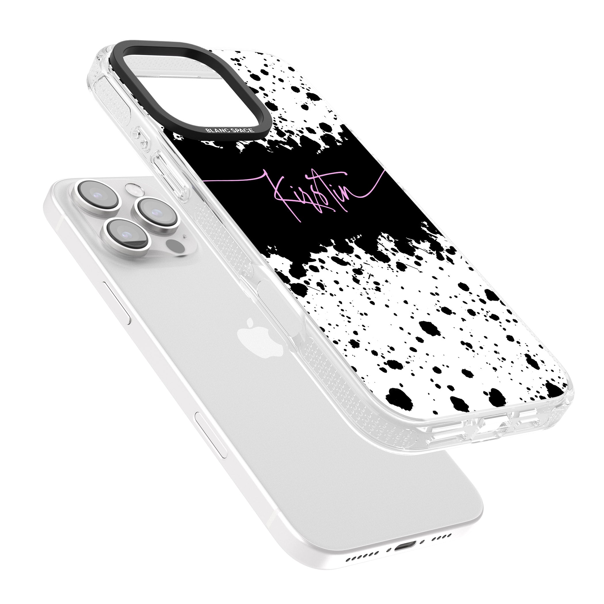 Personalised Black & White Paint Splatters iPhone 16 Pro Max / 16 Pro Clear Case Impact Air - Blanc Space