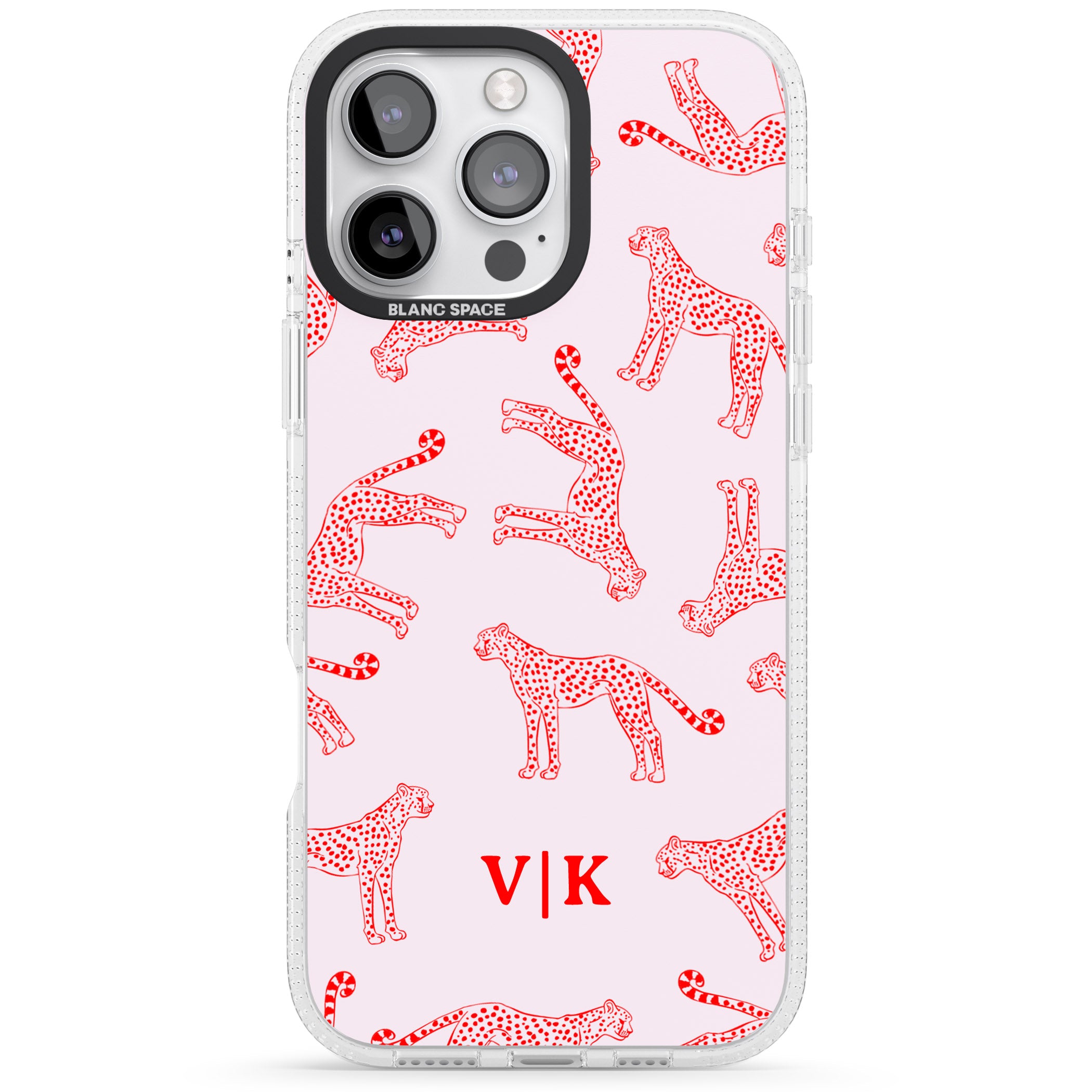 Personalised + Red & Pink Cheetah iPhone 16 Pro Max / 16 Pro Clear Case Impact Air - Blanc Space