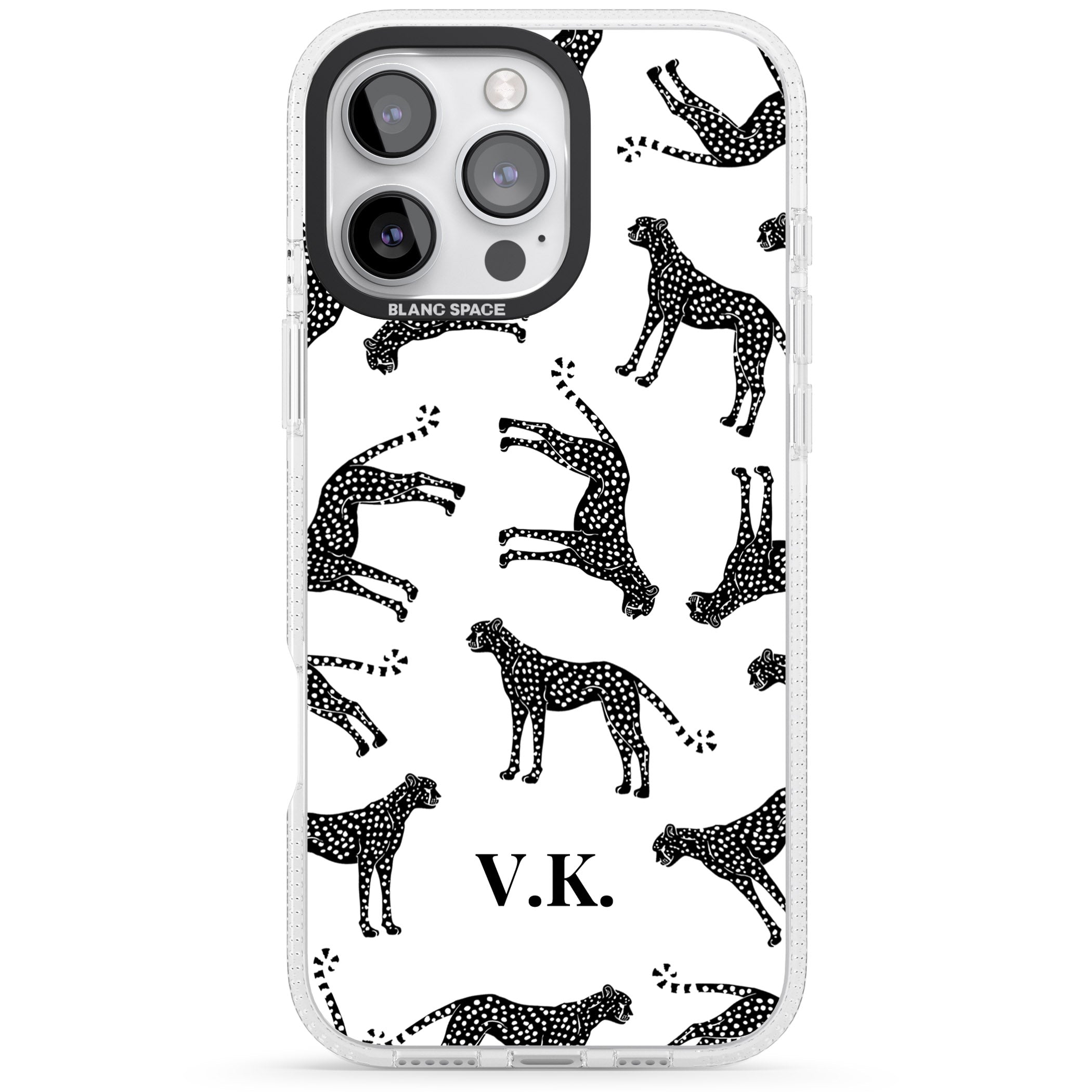 Personalised Cheetah Black & White iPhone 16 Pro Max / 16 Pro Clear Case Impact Air - Blanc Space