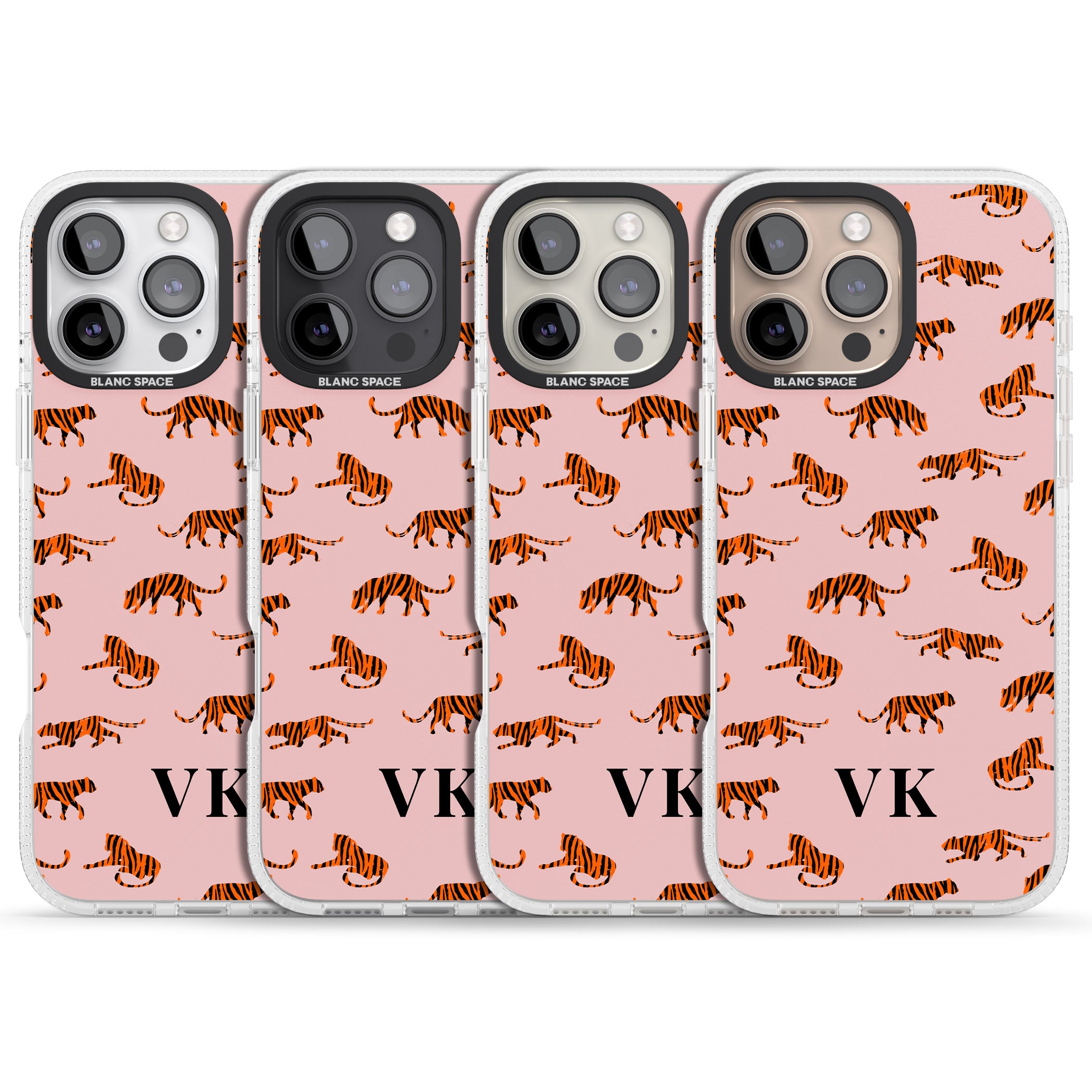 Personalised Safari Tiger Pattern on Pink iPhone 16 Pro Max / 16 Pro Clear Case Impact Air - Blanc Space