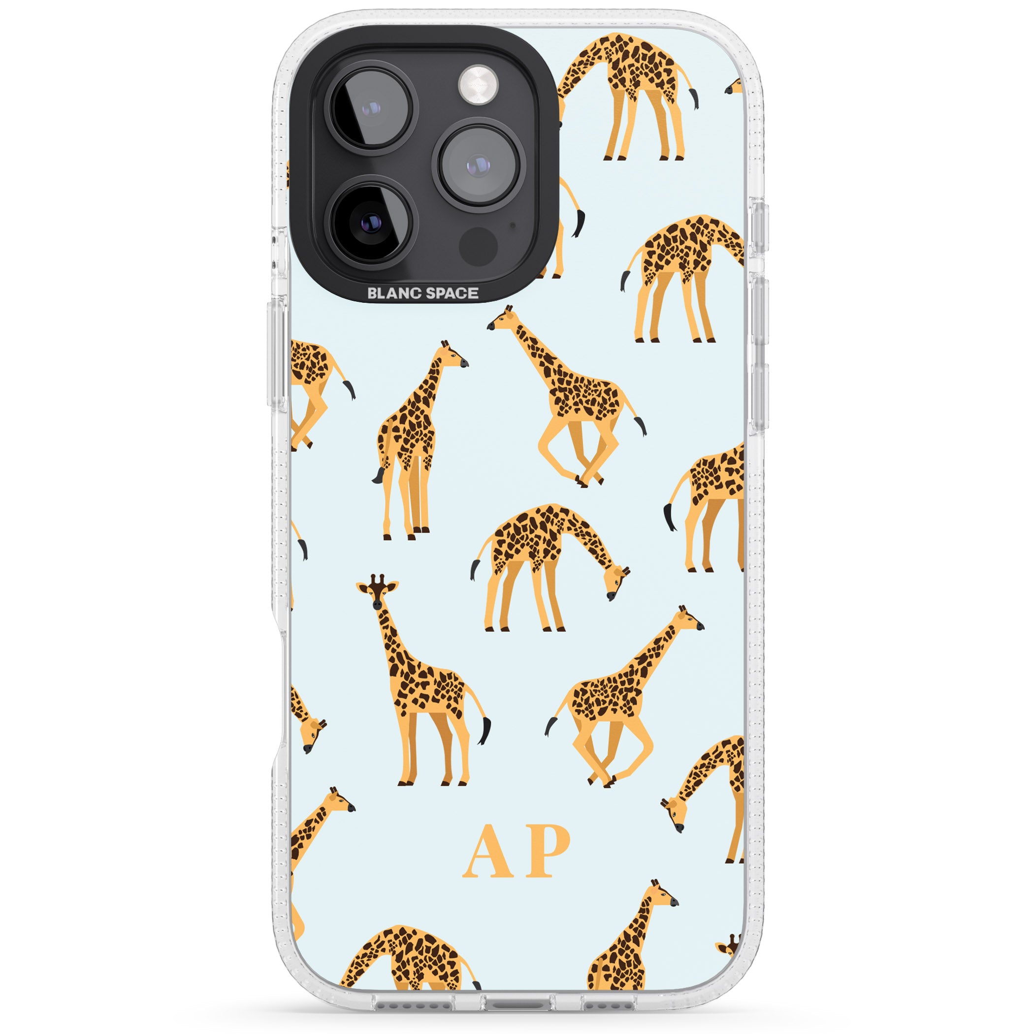 Personalised Safari Giraffe Pattern on Blue iPhone 16 Pro Max / 16 Pro Clear Case Impact Air - Blanc Space