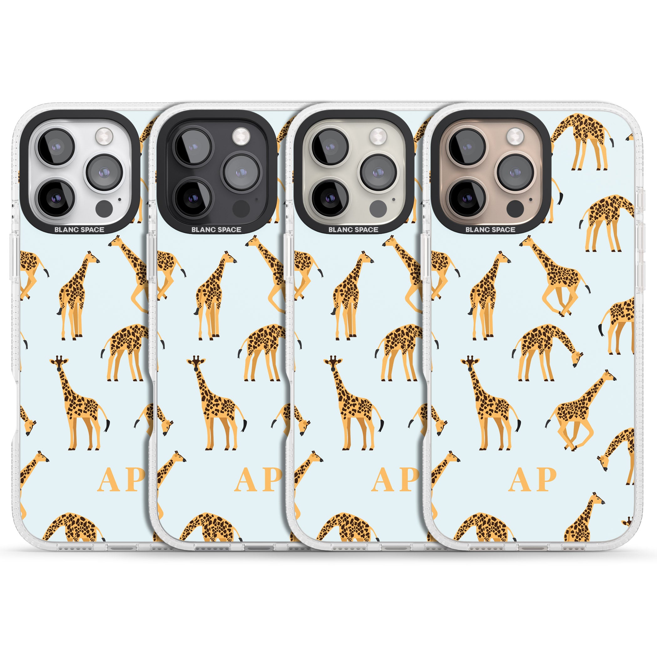 Personalised Safari Giraffe Pattern on Blue iPhone 16 Pro Max / 16 Pro Clear Case Impact Air - Blanc Space