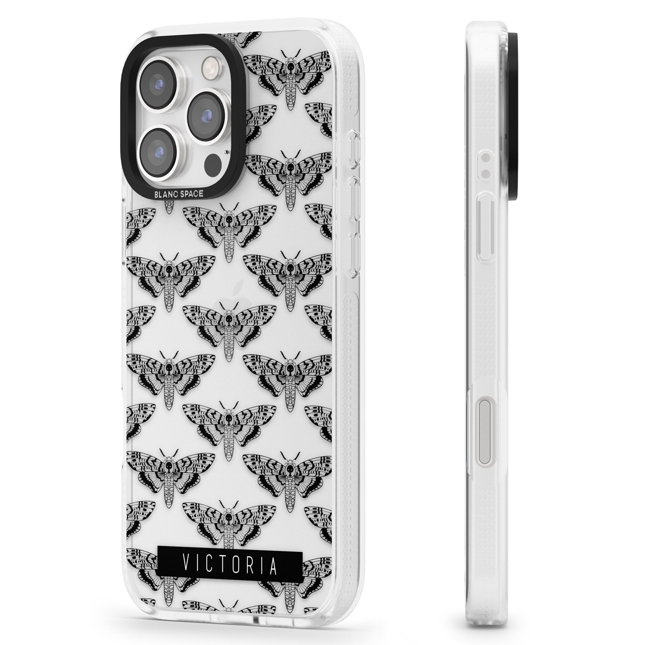 Personalised Hawk Moth Pattern iPhone 16 Pro Max / 16 Pro Clear Case Impact Air - Blanc Space