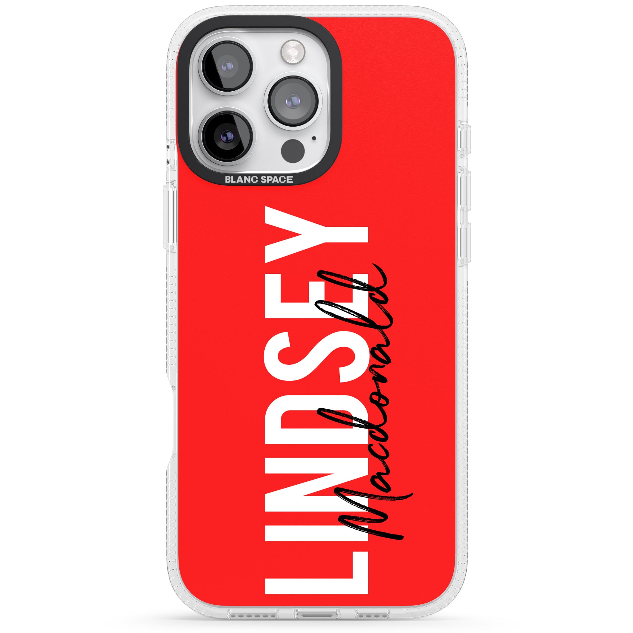 Personalised Bold Name: Red iPhone 16 Pro Max / 16 Pro Clear Case Impact Air - Blanc Space