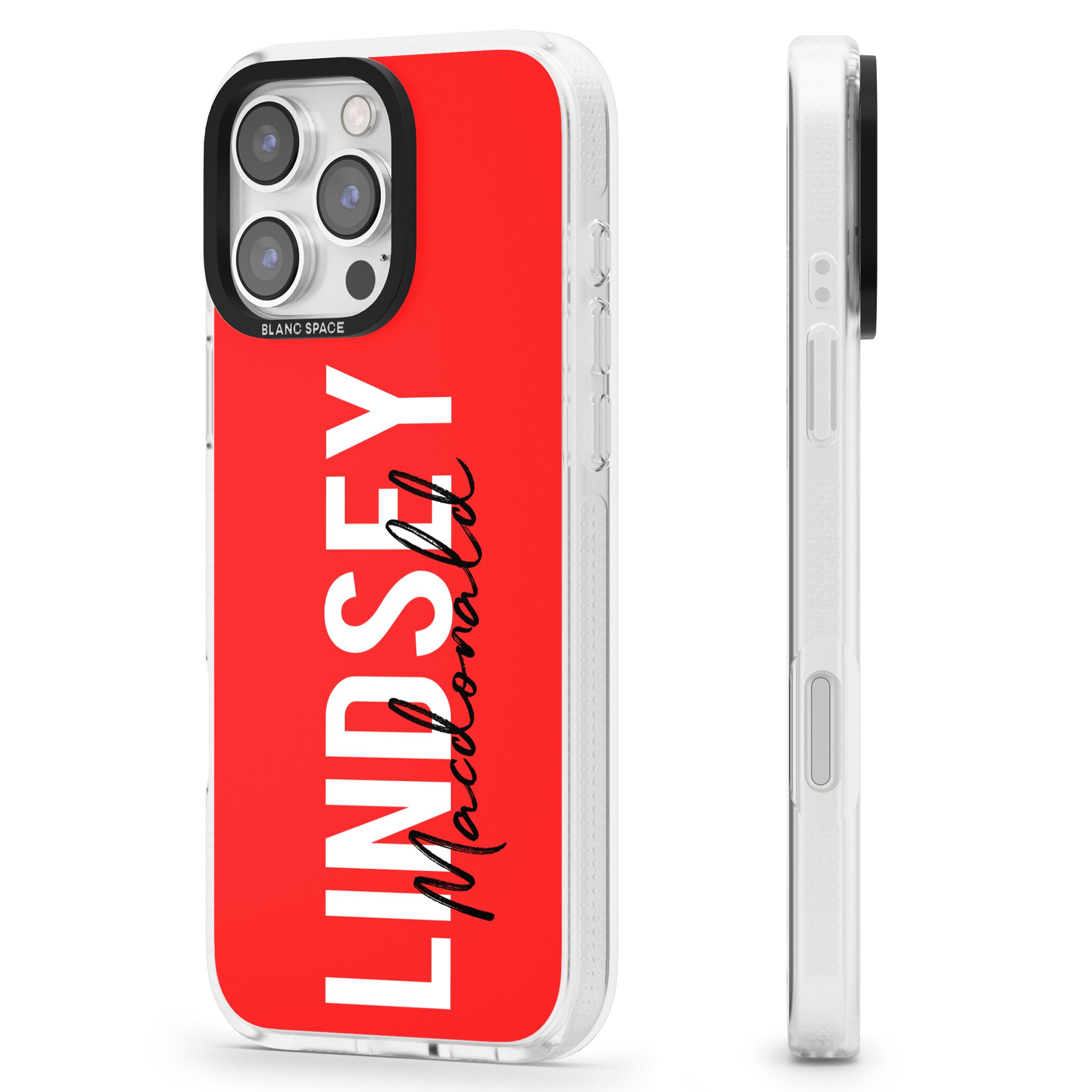 Personalised Bold Name: Red iPhone 16 Pro Max / 16 Pro Clear Case Impact Air - Blanc Space