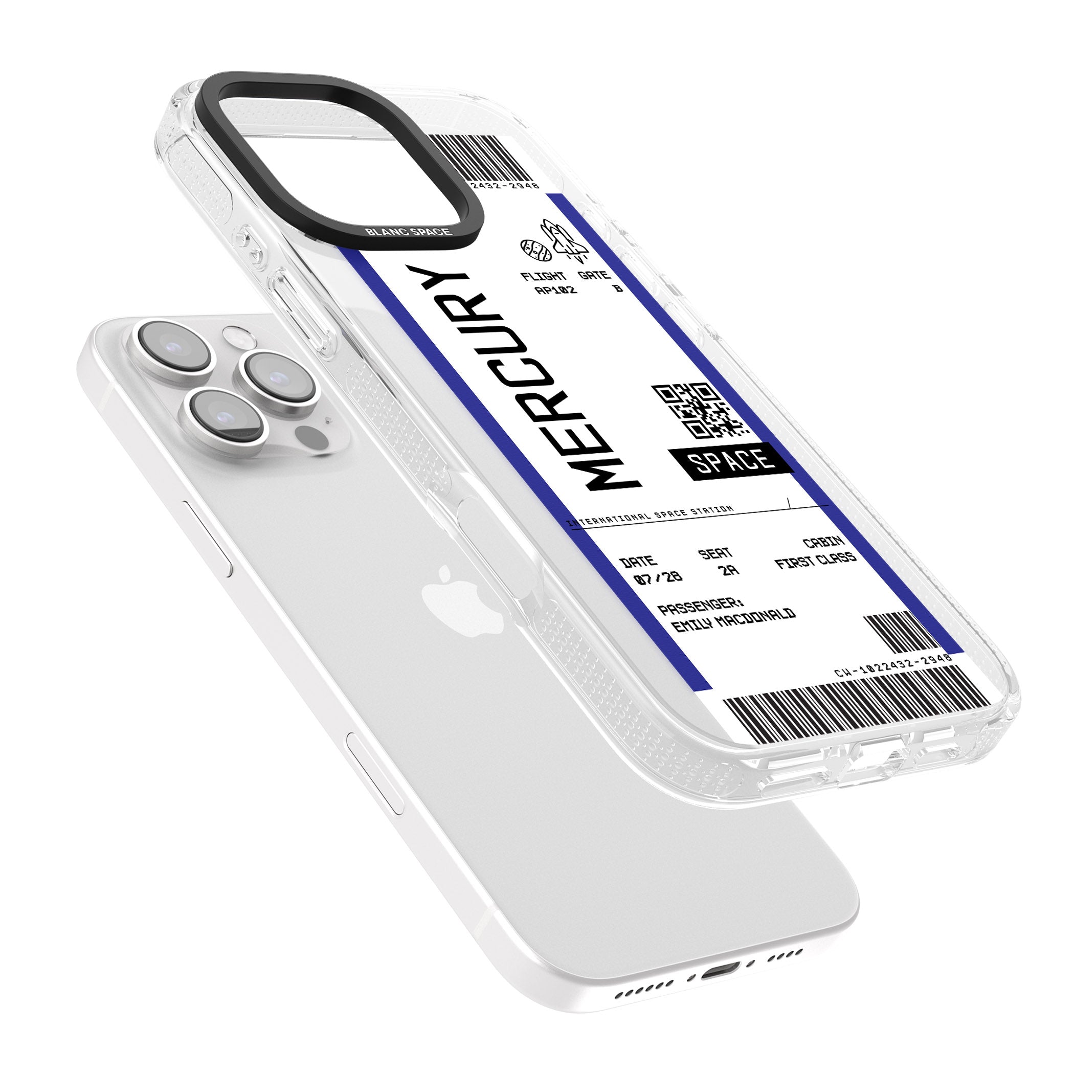 Personalised Mercury Space Travel Ticket iPhone 16 Pro Max / 16 Pro Clear Case Impact Air - Blanc Space