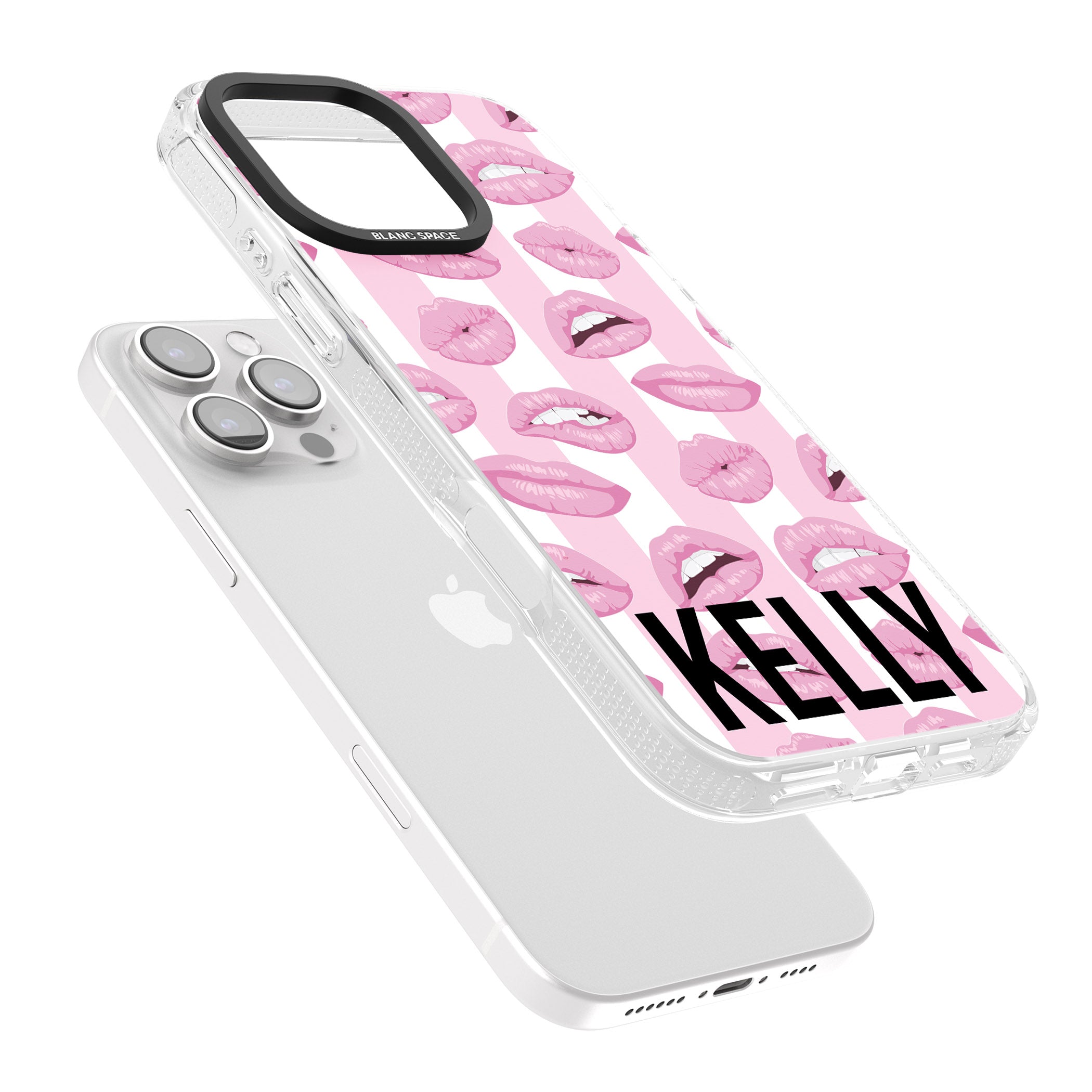 Personalised Pink Stripes & Lips iPhone 16 Pro Max / 16 Pro Clear Case Impact Air - Blanc Space