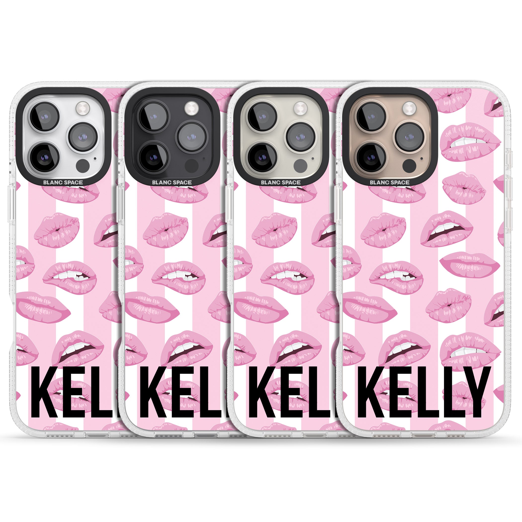 Personalised Pink Stripes & Lips iPhone 16 Pro Max / 16 Pro Clear Case Impact Air - Blanc Space