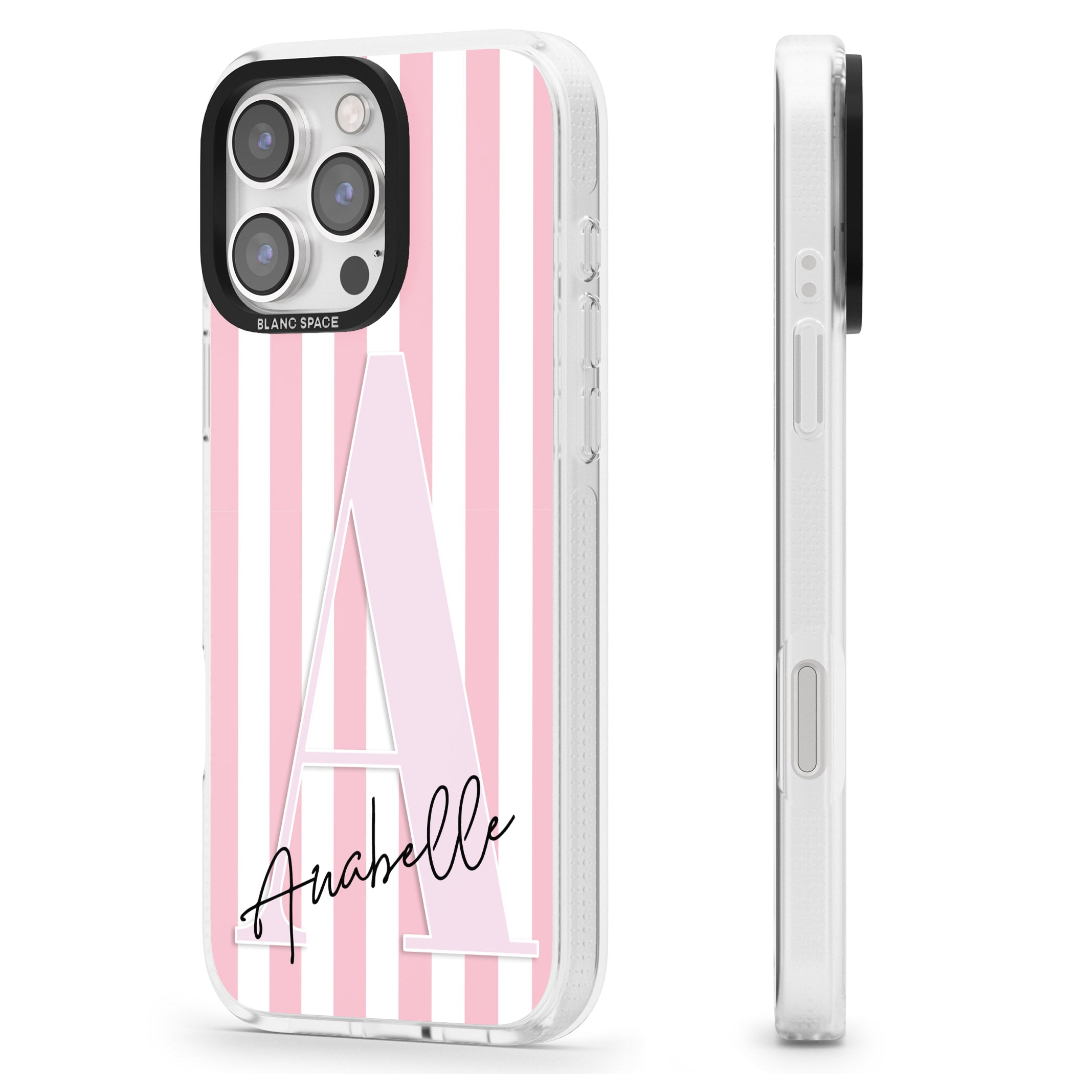 Personalised Pink Stripes & Large Monogram iPhone 16 Pro Max / 16 Pro Clear Case Impact Air - Blanc Space
