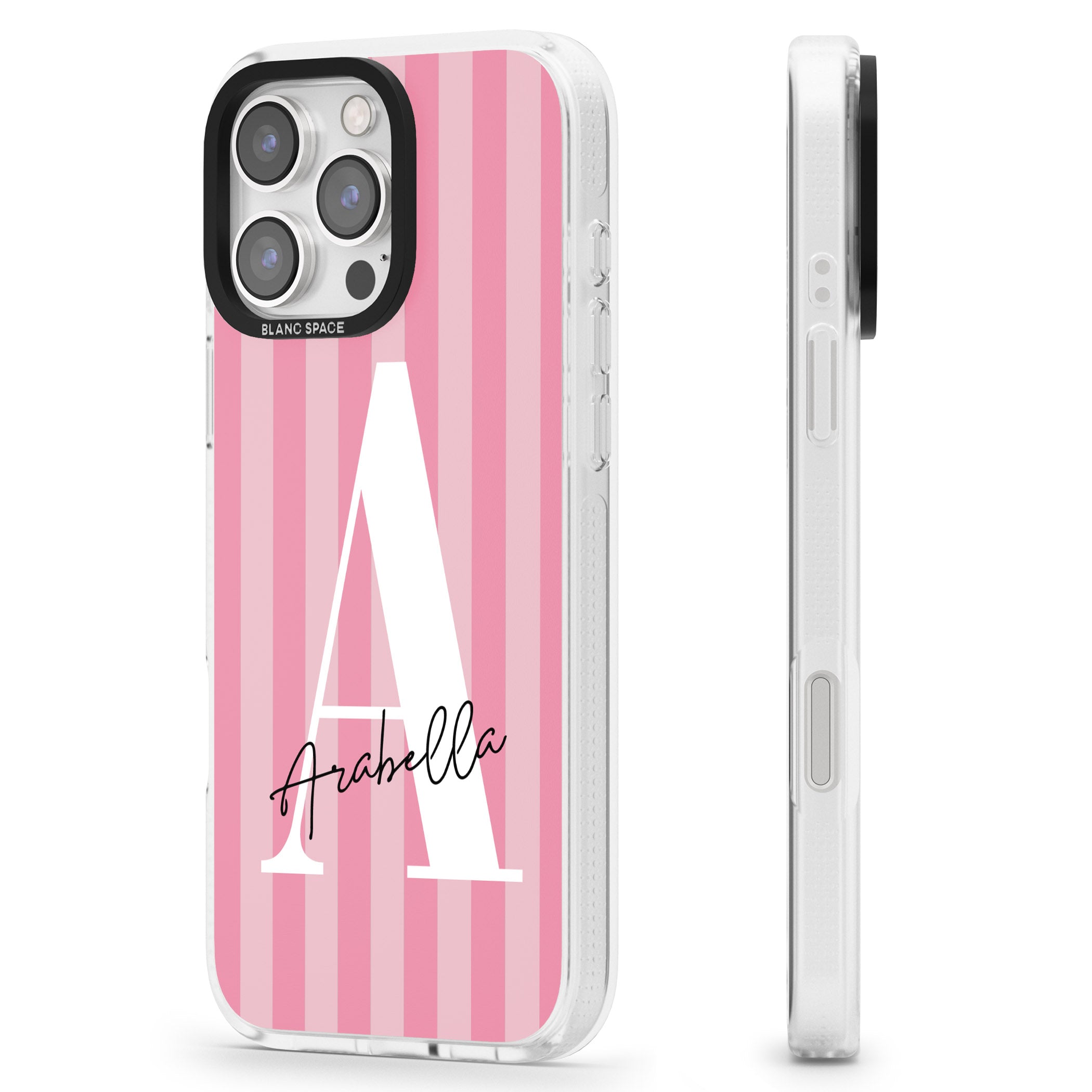 Personalised Pink on Pink Stripes iPhone 16 Pro Max / 16 Pro Clear Case Impact Air - Blanc Space