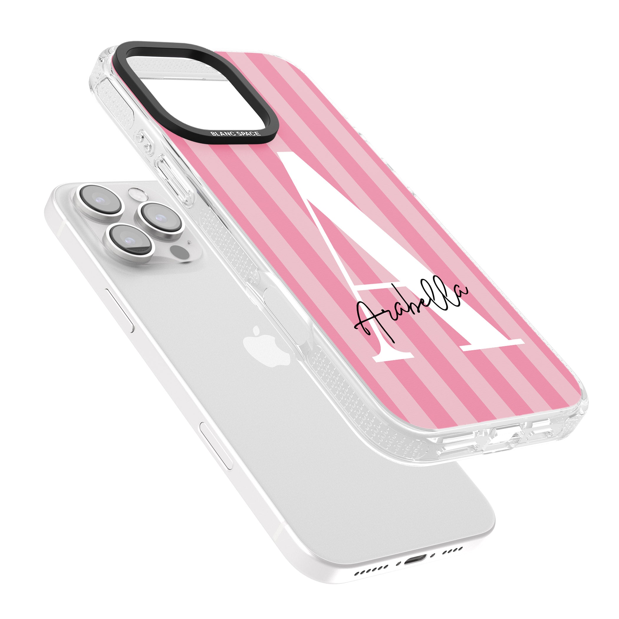 Personalised Pink on Pink Stripes iPhone 16 Pro Max / 16 Pro Clear Case Impact Air - Blanc Space