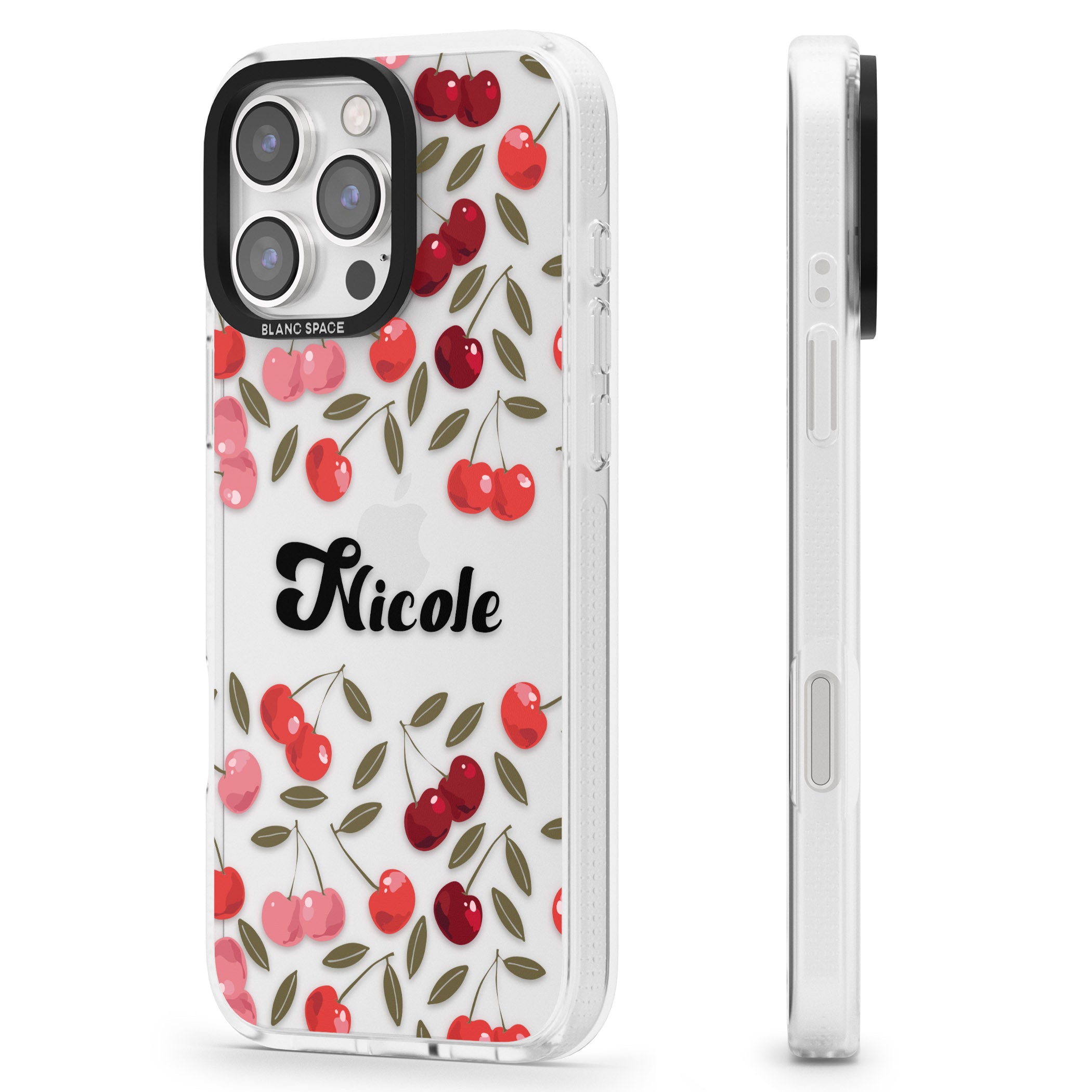 Personalised Cherry Pattern iPhone 16 Pro Max / 16 Pro Clear Case Impact Air - Blanc Space